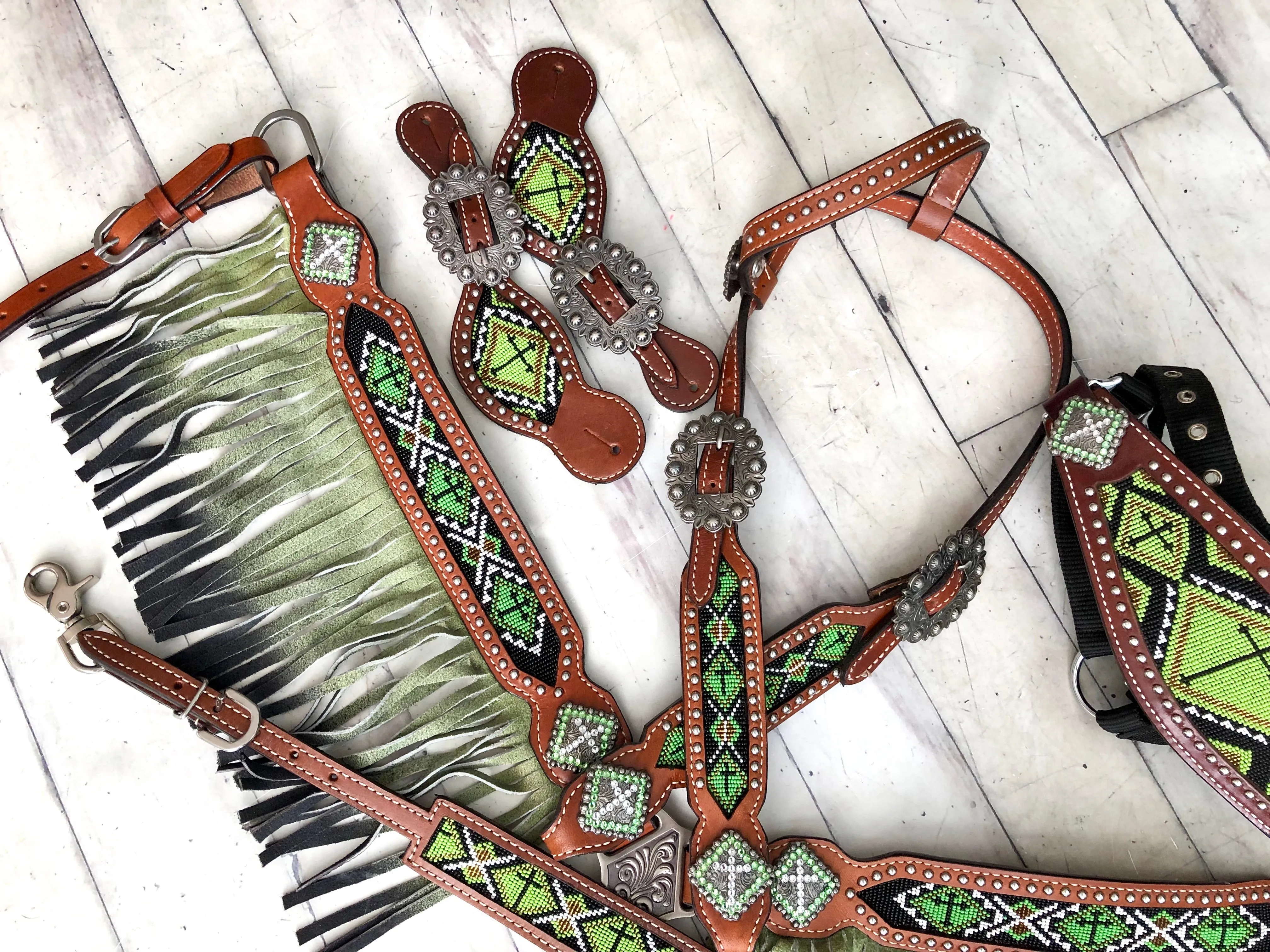 Green Ombre Fringe Beaded Tack Set
