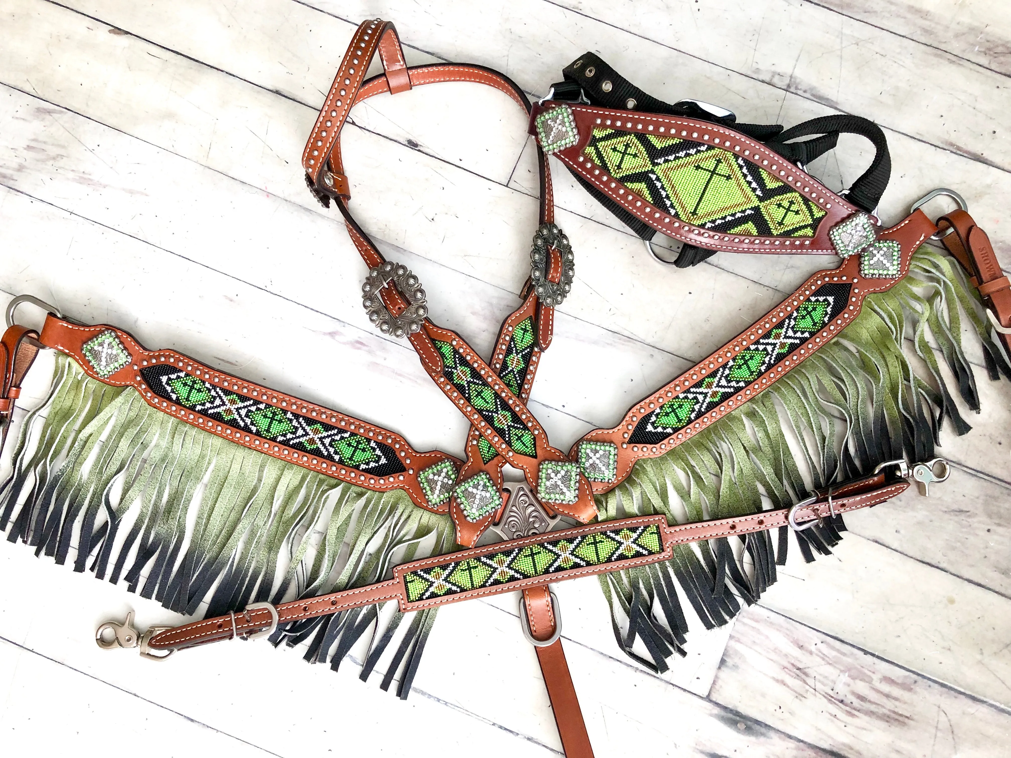 Green Ombre Fringe Beaded Tack Set