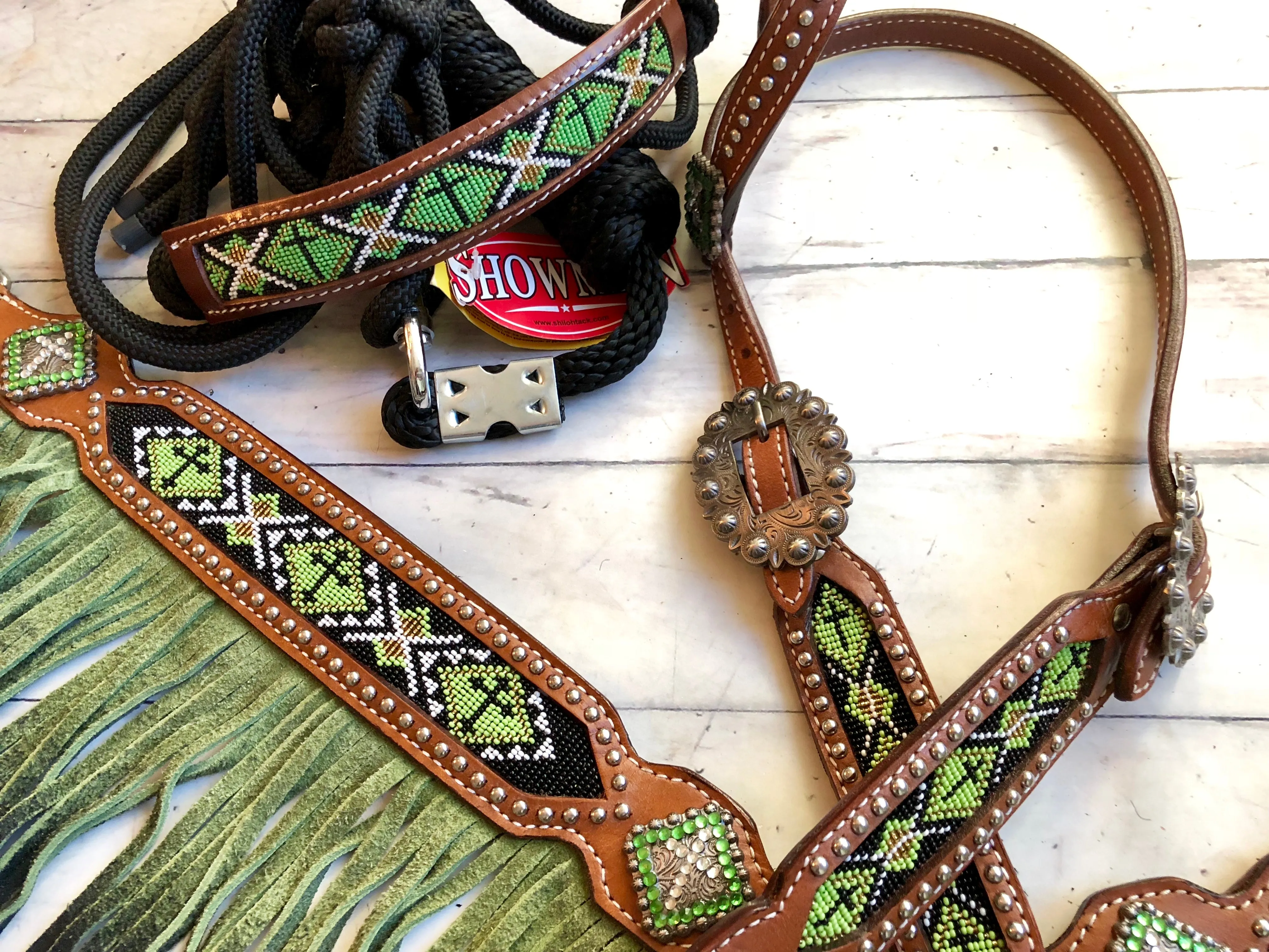 Green Ombre Fringe Beaded Tack Set