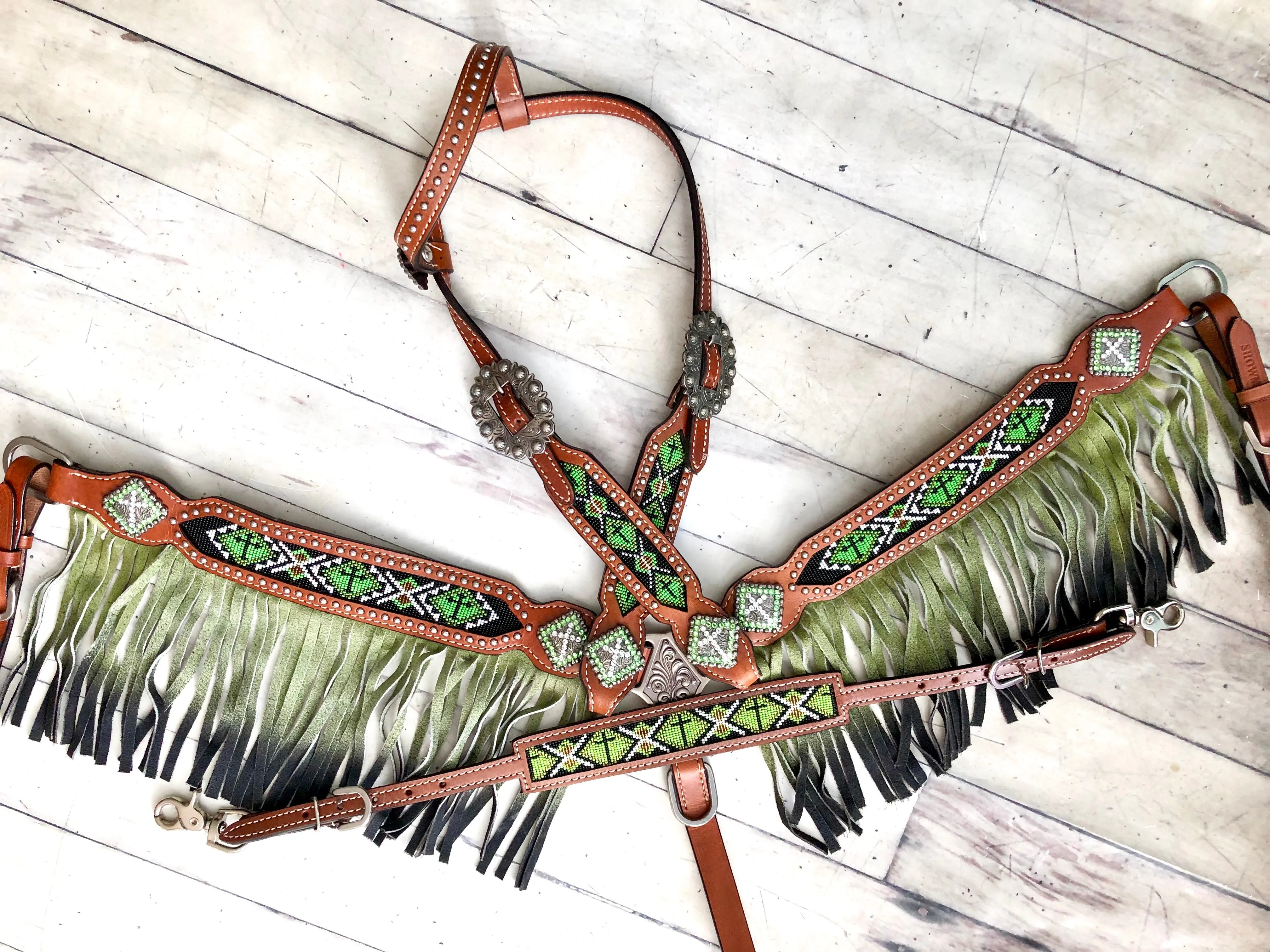 Green Ombre Fringe Beaded Tack Set
