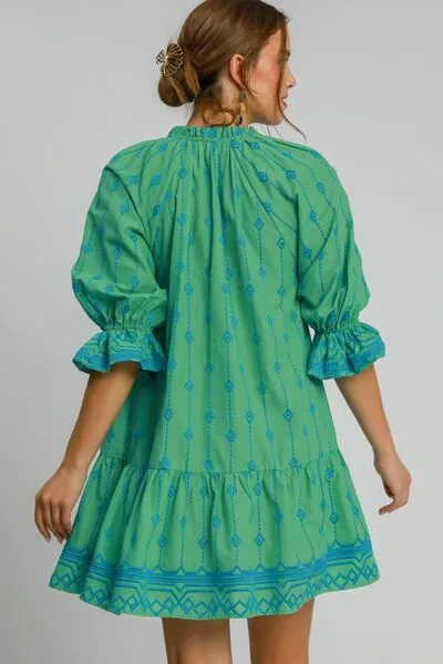 Green Tassel Embroidered Flounce Sleeve Mini Dress