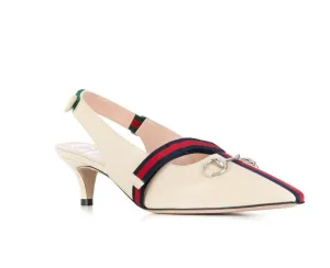 Gucci Malaga Kid Horsebit Webbed Pumps in White
