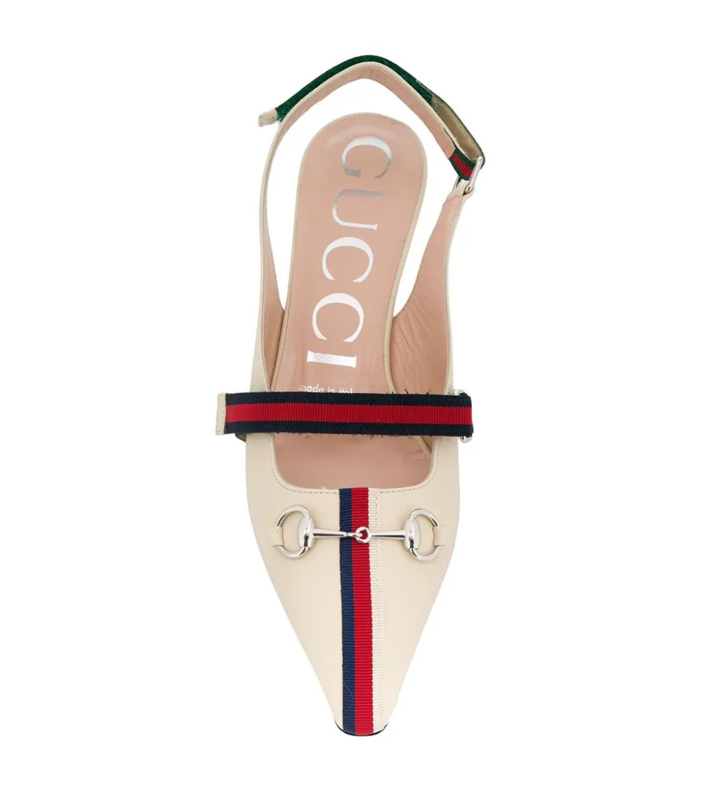 Gucci Malaga Kid Horsebit Webbed Pumps in White