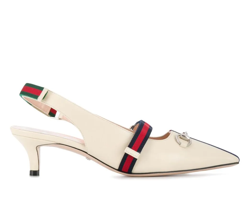 Gucci Malaga Kid Horsebit Webbed Pumps in White