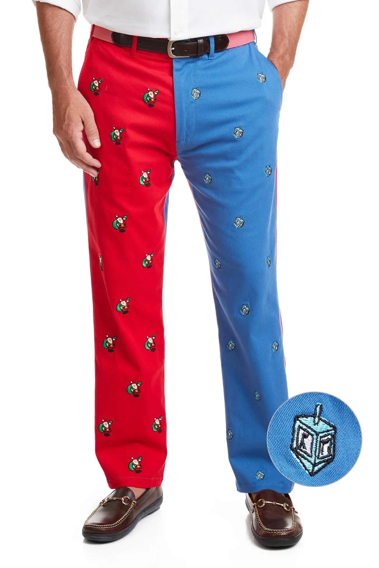 Harbor Pant Deep Ocean Blue and Bright Red Panel with Dreidel and Santa