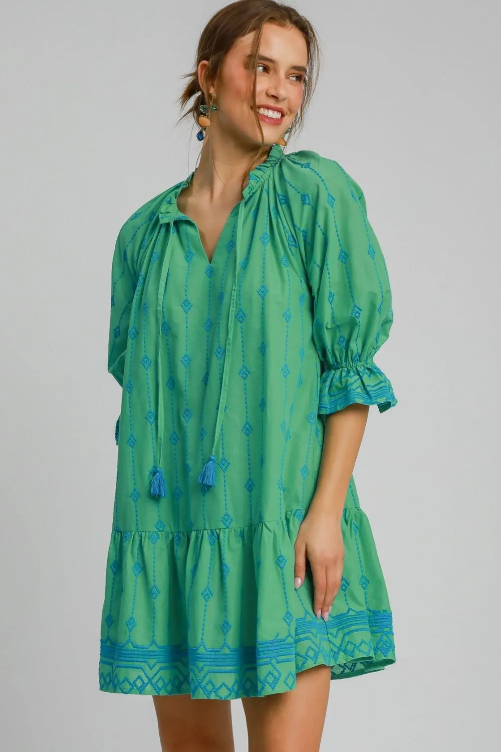 Hazel Blues® | Umgee Tassel Embroidered Flounce Sleeve Mini Dress