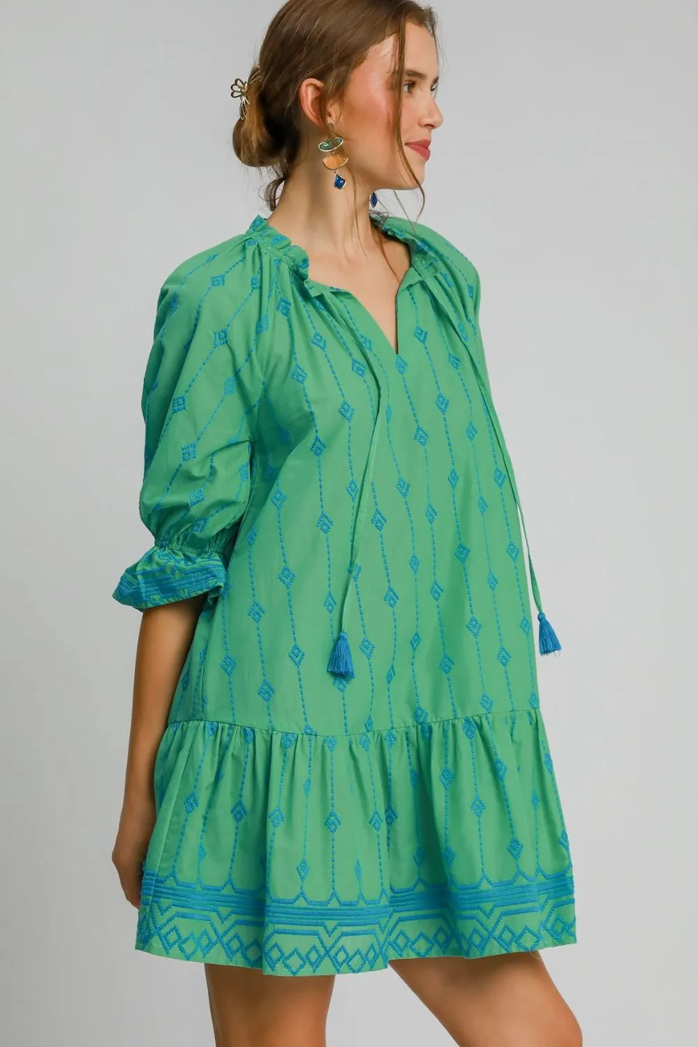 Hazel Blues® | Umgee Tassel Embroidered Flounce Sleeve Mini Dress
