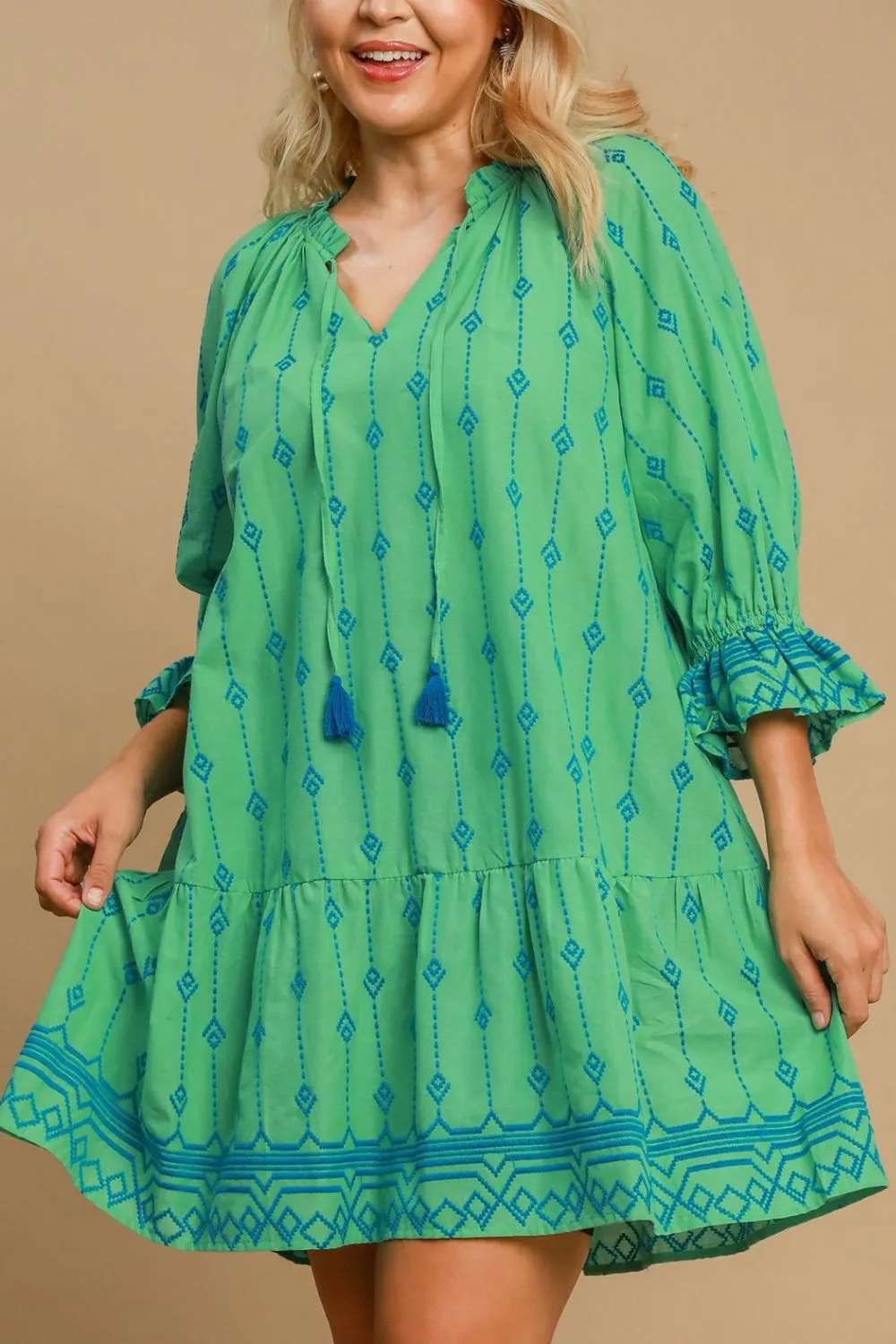 Hazel Blues® | Umgee Tassel Embroidered Flounce Sleeve Mini Dress