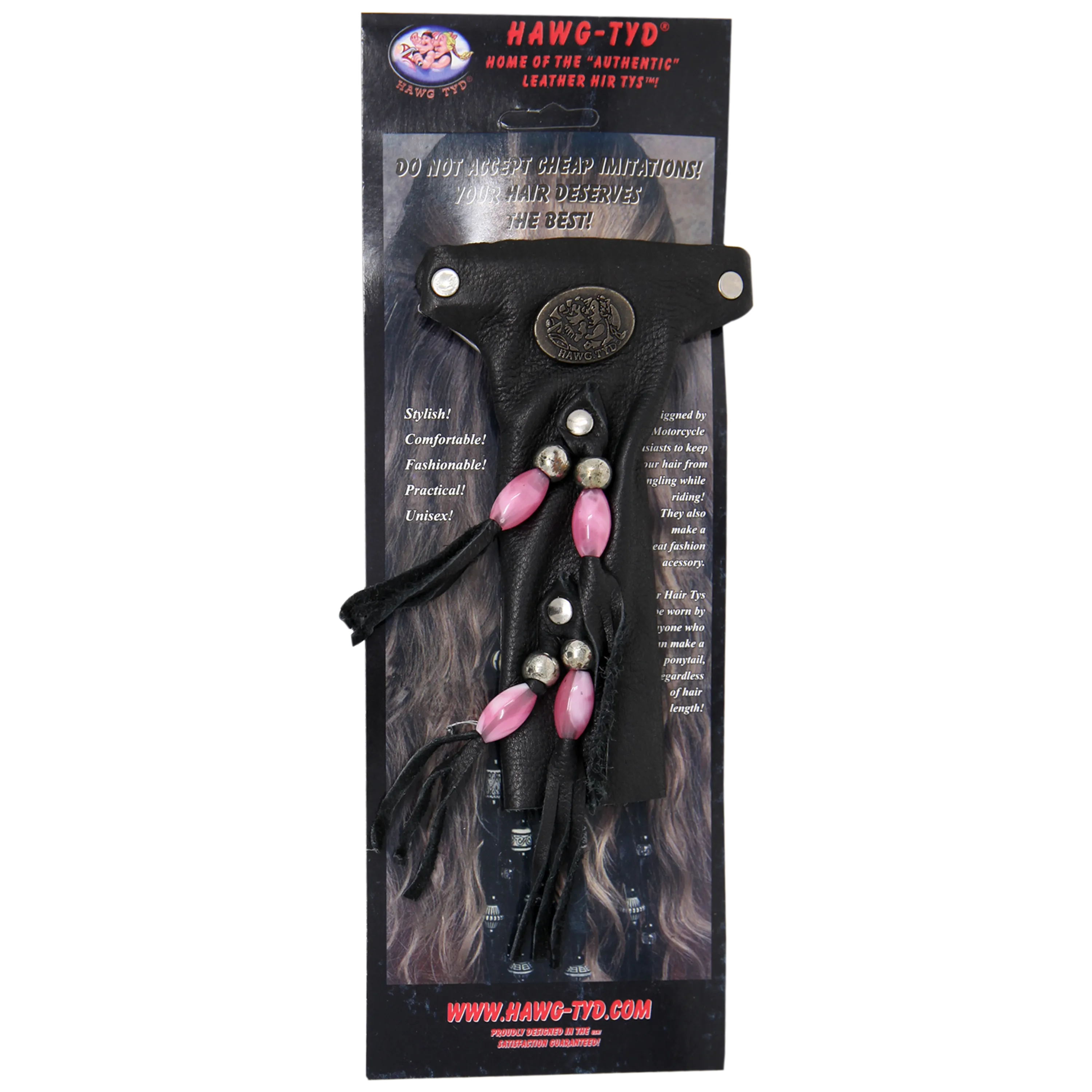 HTFuchsia "Hawg Tyd" The Authentic Leather Hair TYS - Fuchsia Beads