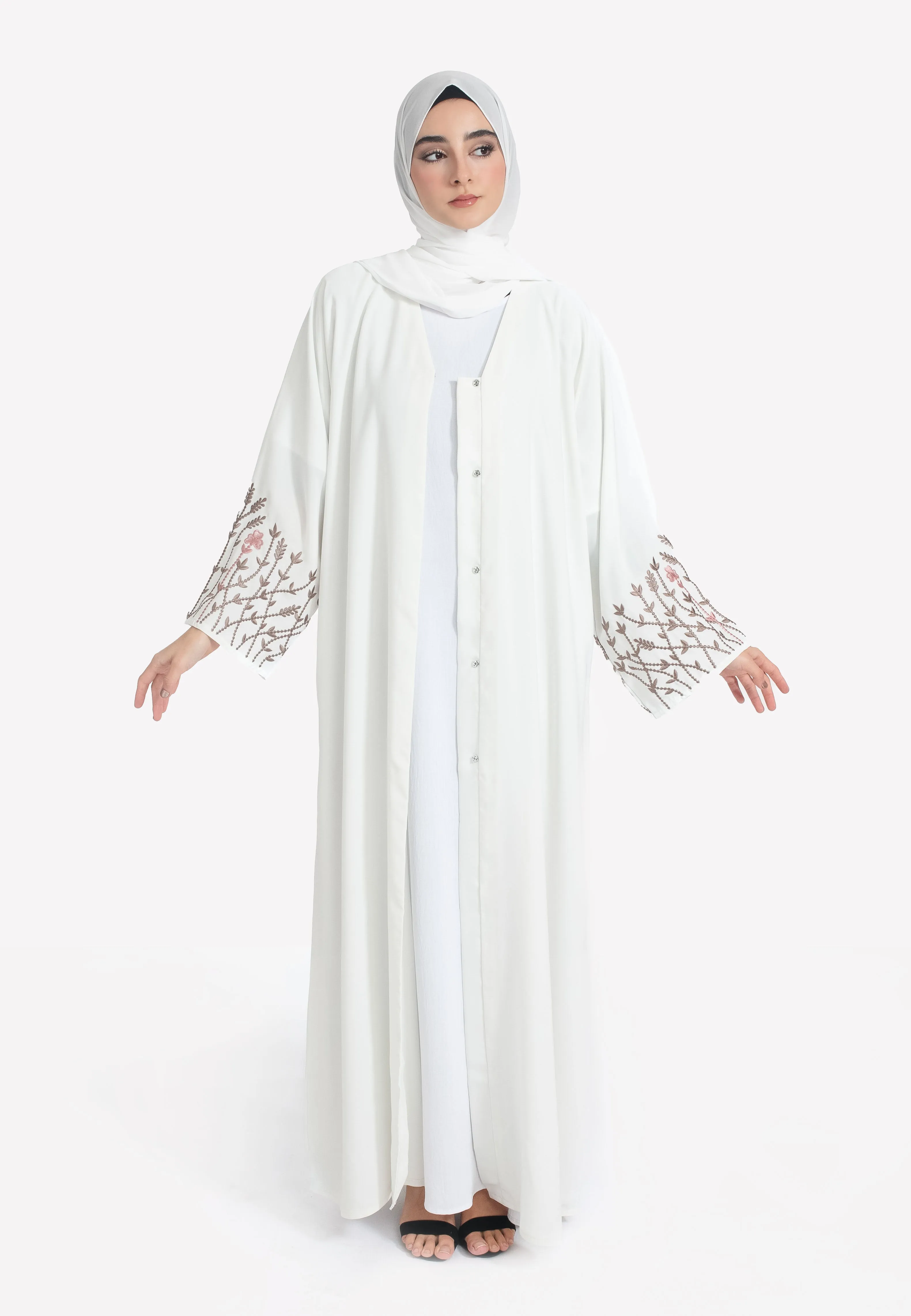 Ivory Blossom Embroidered Open Abaya
