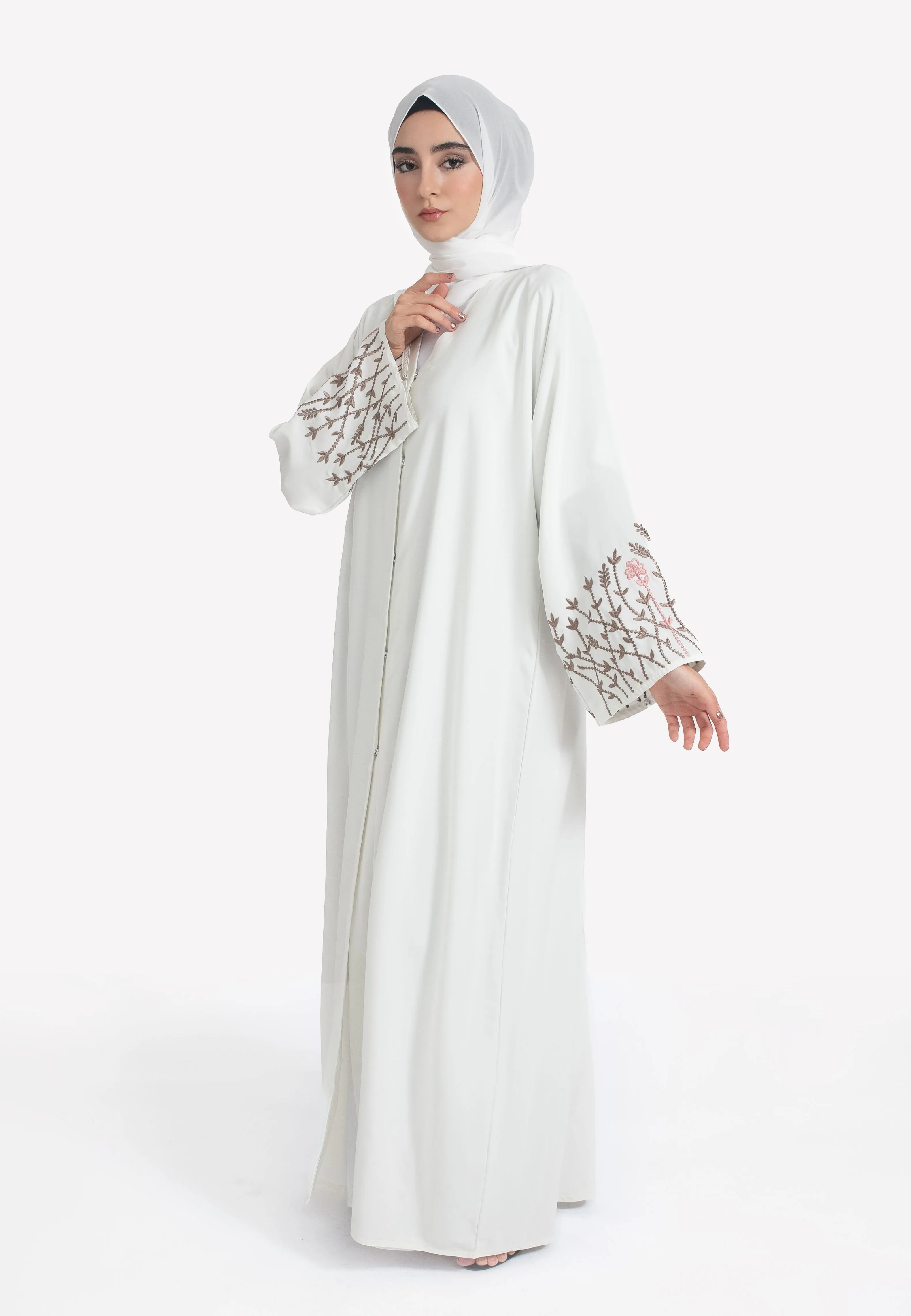 Ivory Blossom Embroidered Open Abaya