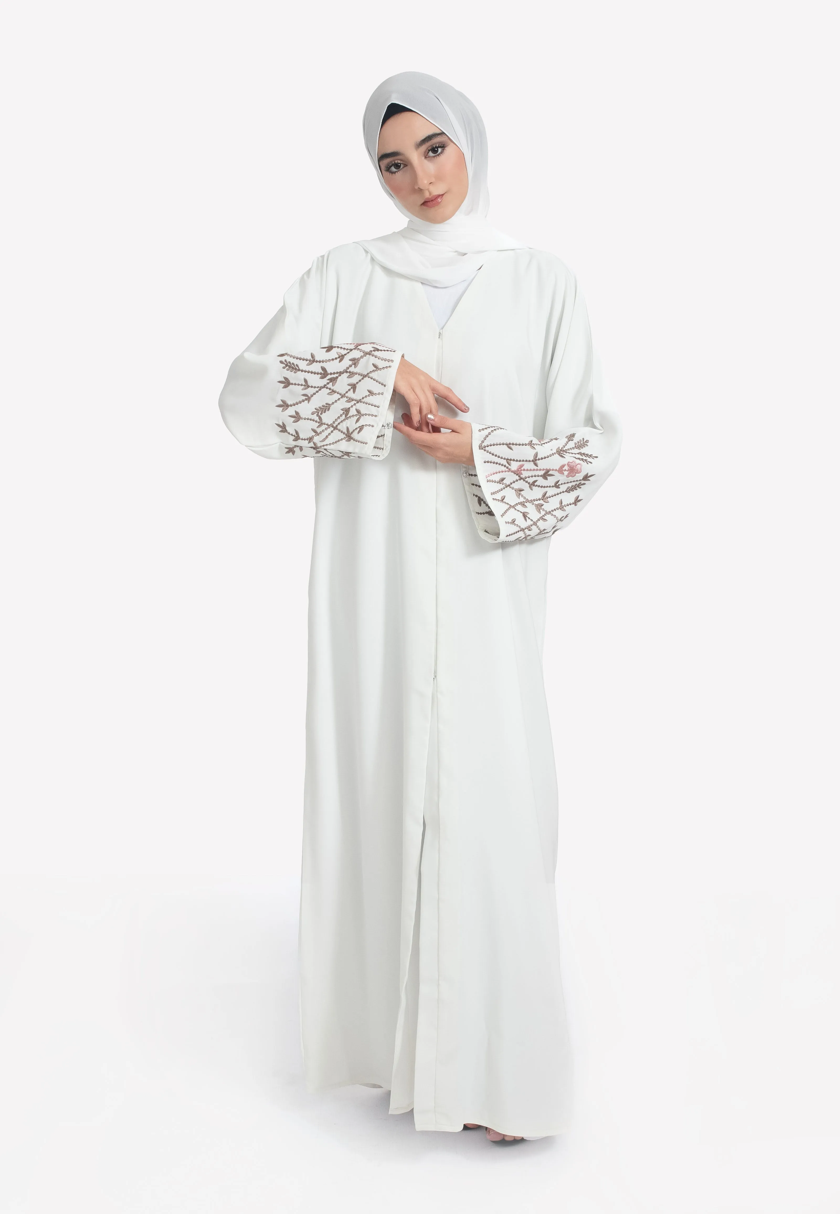 Ivory Blossom Embroidered Open Abaya
