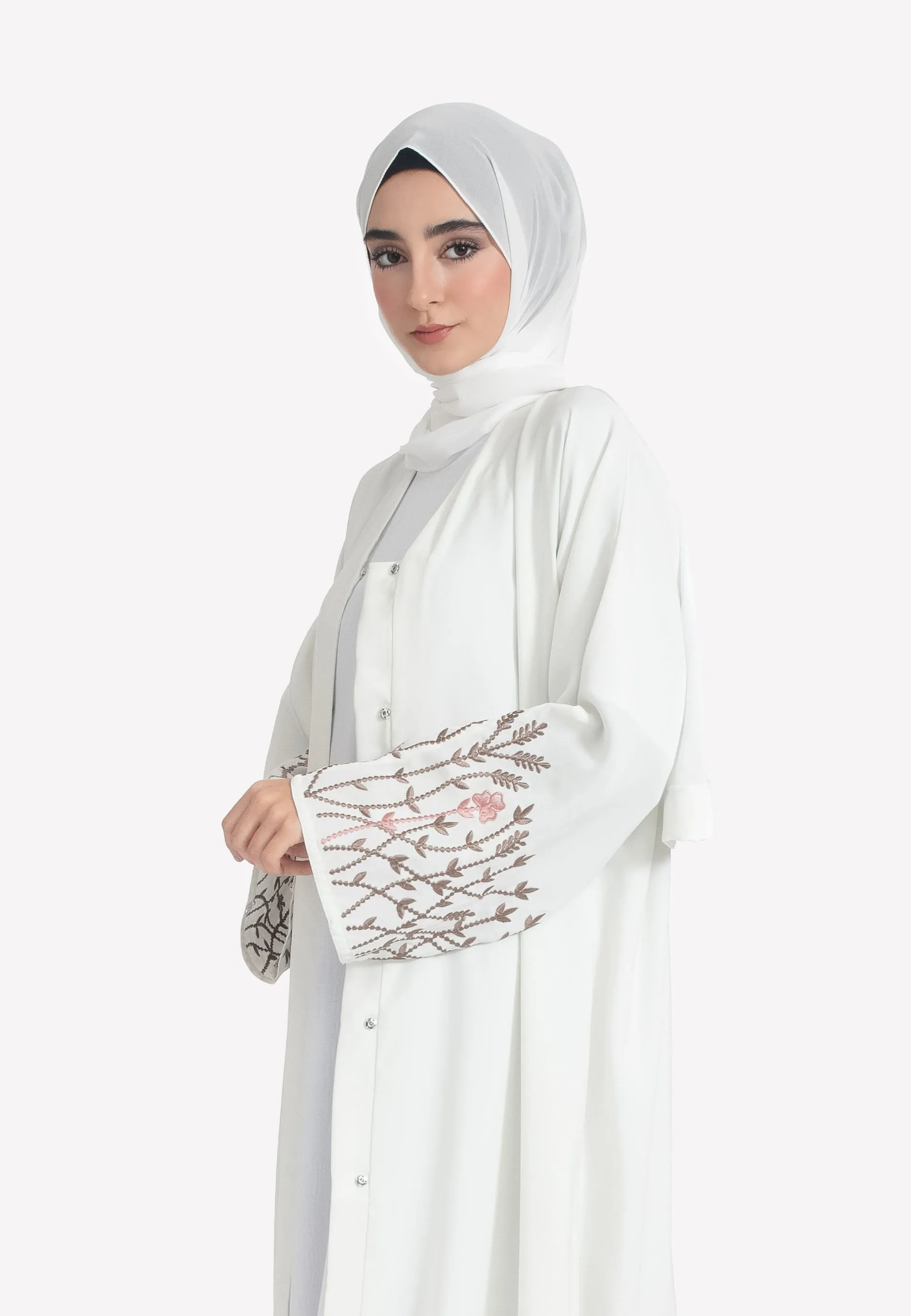 Ivory Blossom Embroidered Open Abaya