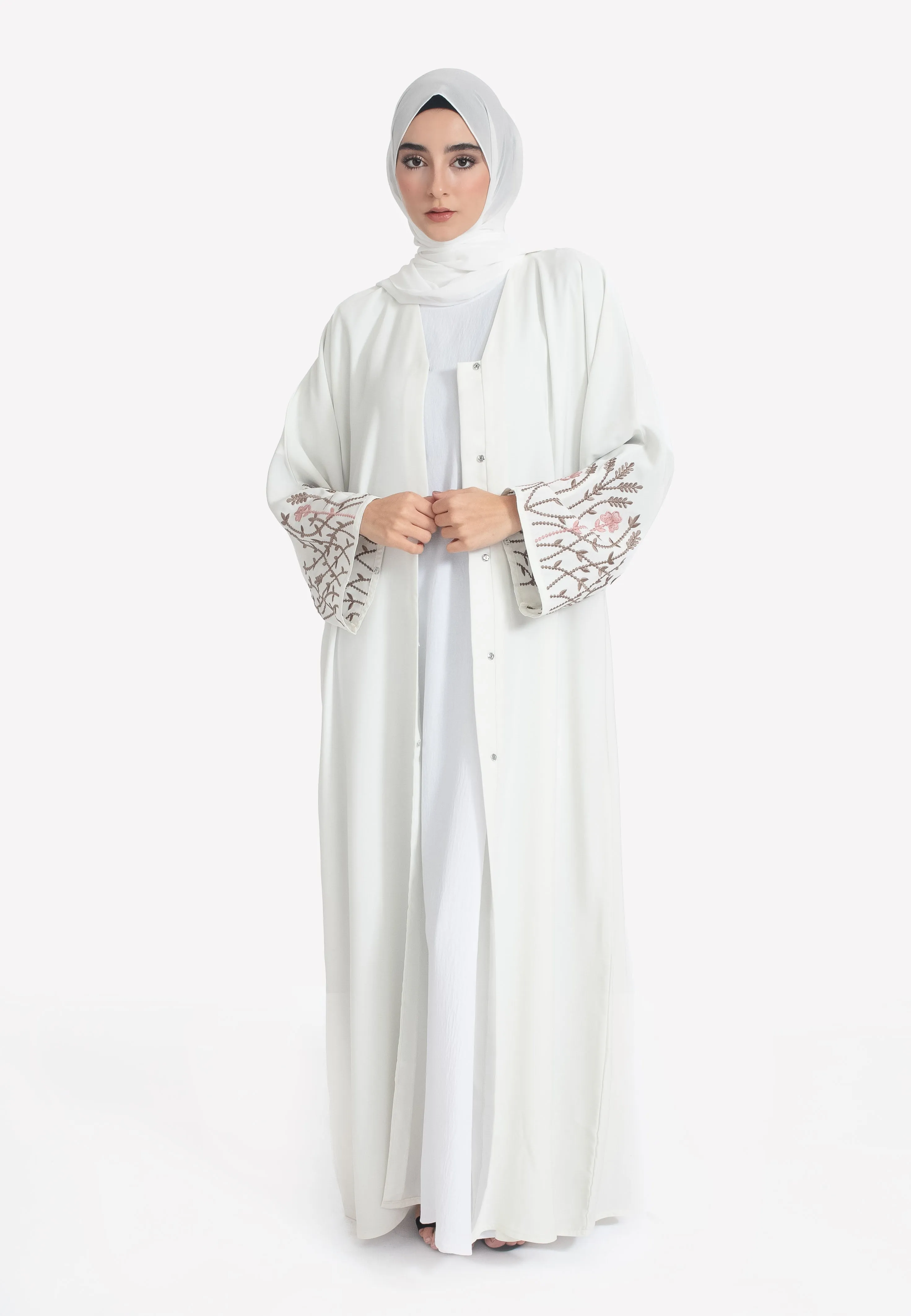 Ivory Blossom Embroidered Open Abaya