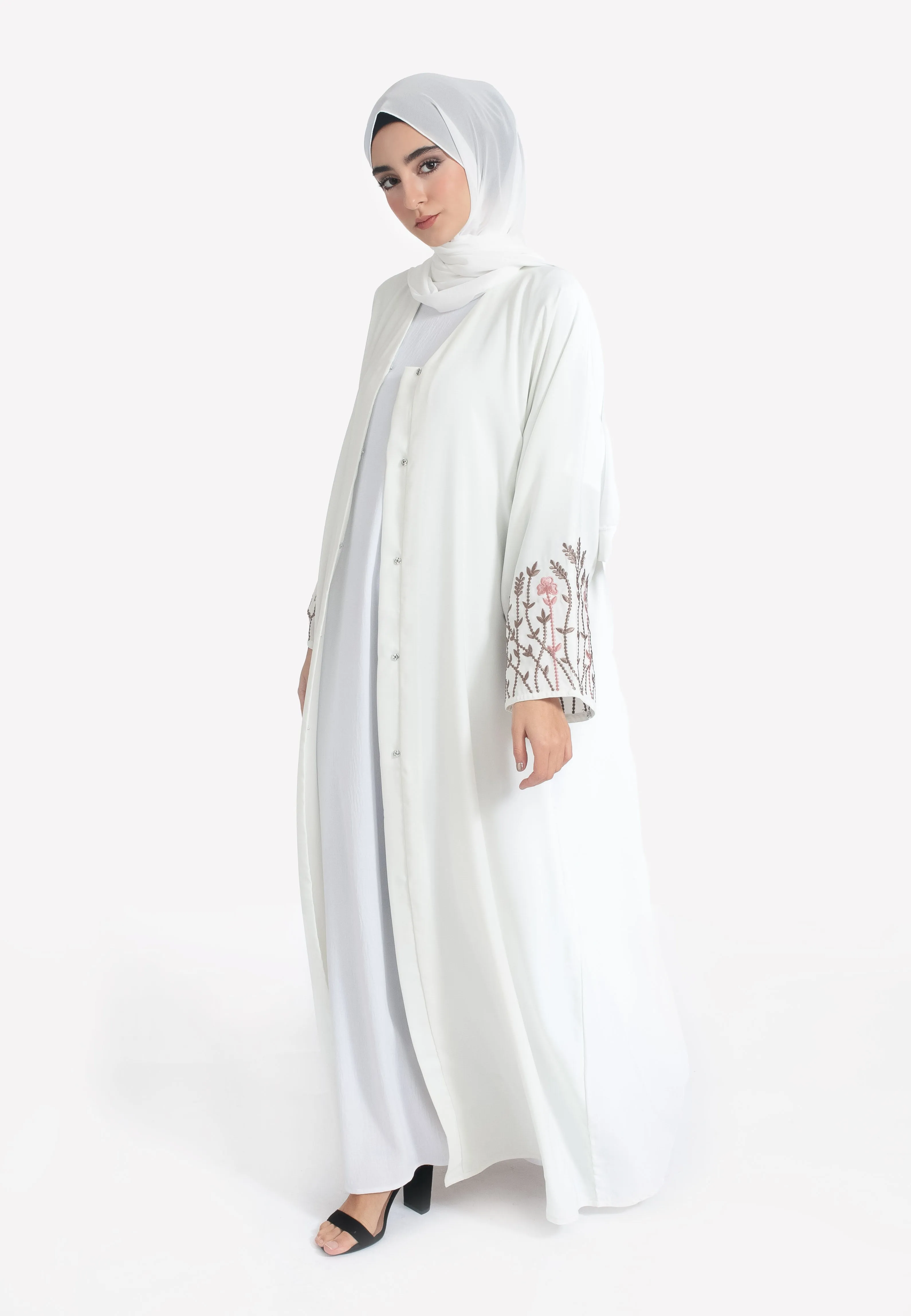 Ivory Blossom Embroidered Open Abaya