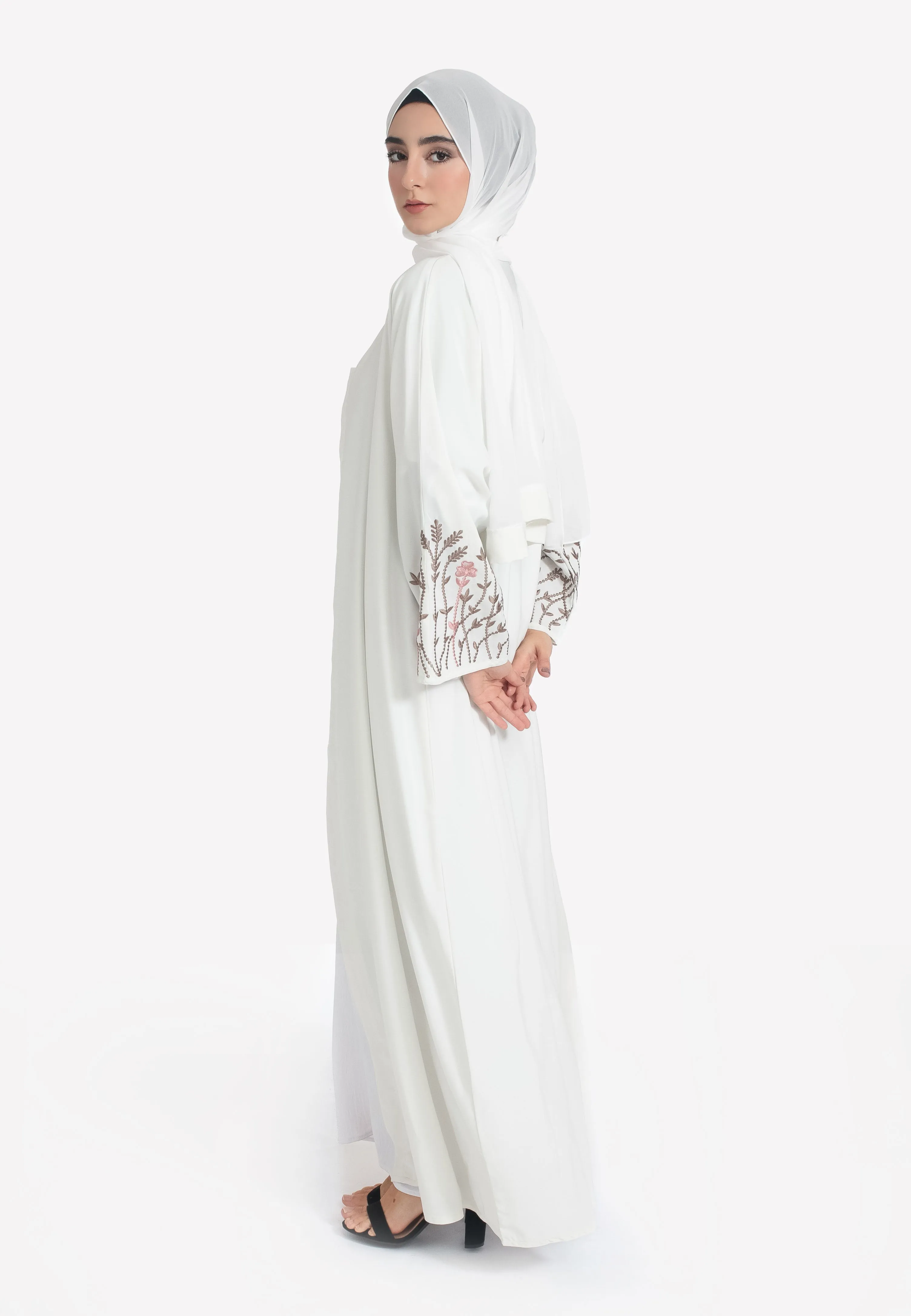Ivory Blossom Embroidered Open Abaya