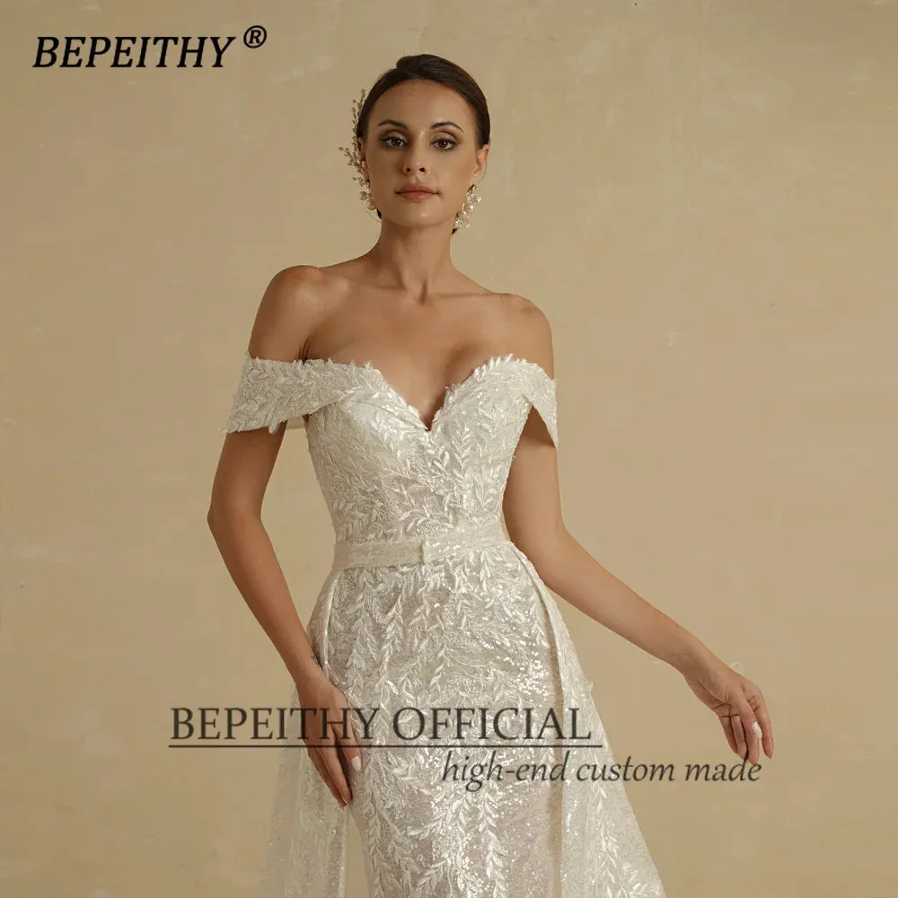 Ivory Sequins Mermaid Wedding Dresses For Women 2 In 1 Detachable