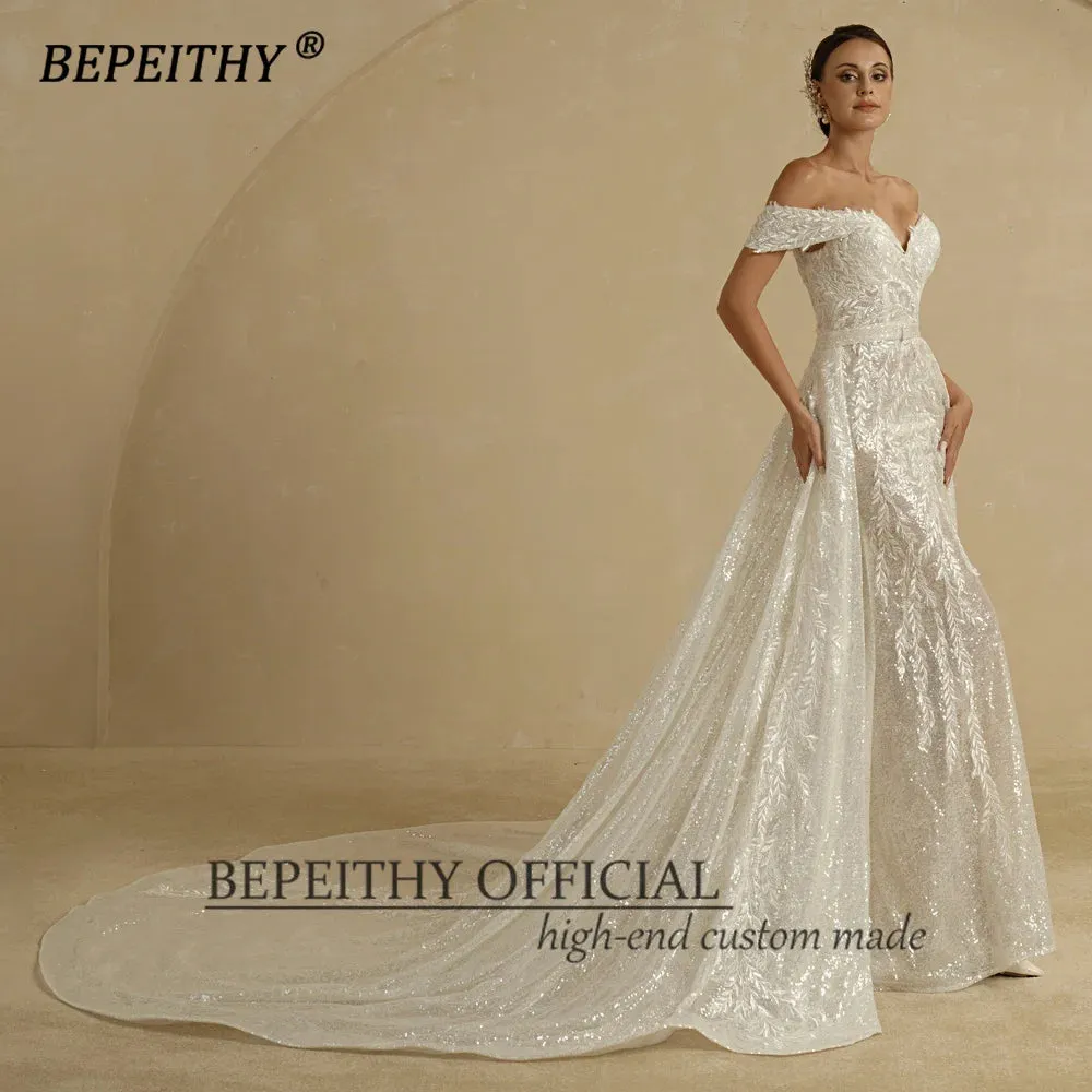 Ivory Sequins Mermaid Wedding Dresses For Women 2 In 1 Detachable