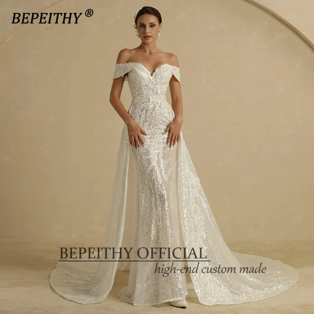 Ivory Sequins Mermaid Wedding Dresses For Women 2 In 1 Detachable