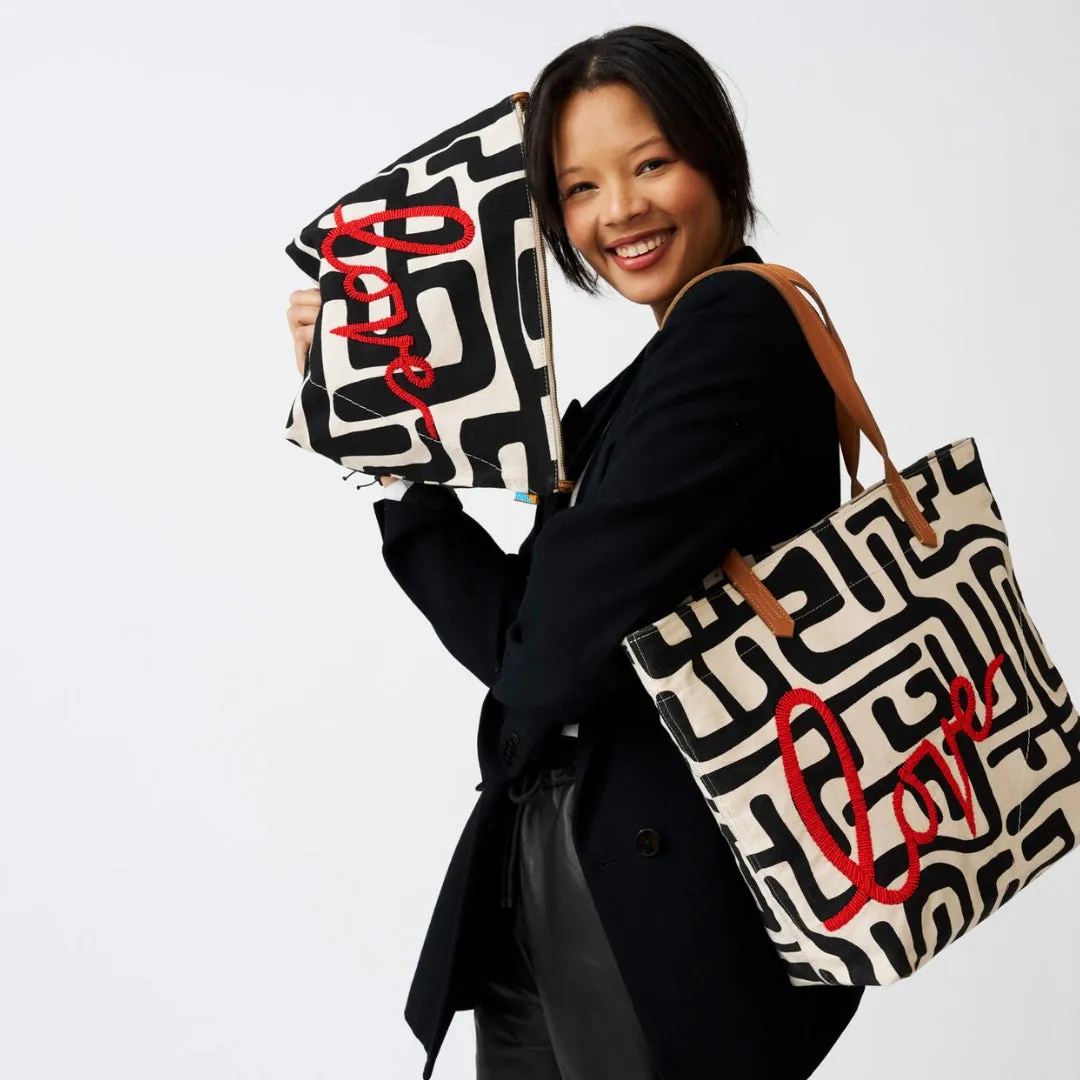 Jumbo Convertible Pouch - Black Kuba with Beaded Red Love