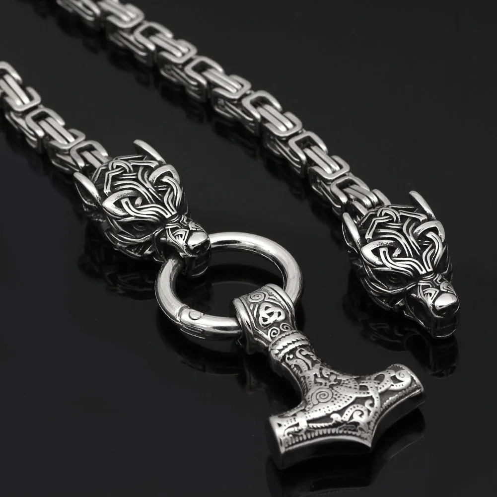 King Chain With Wolves Holding Silver Mjolnir