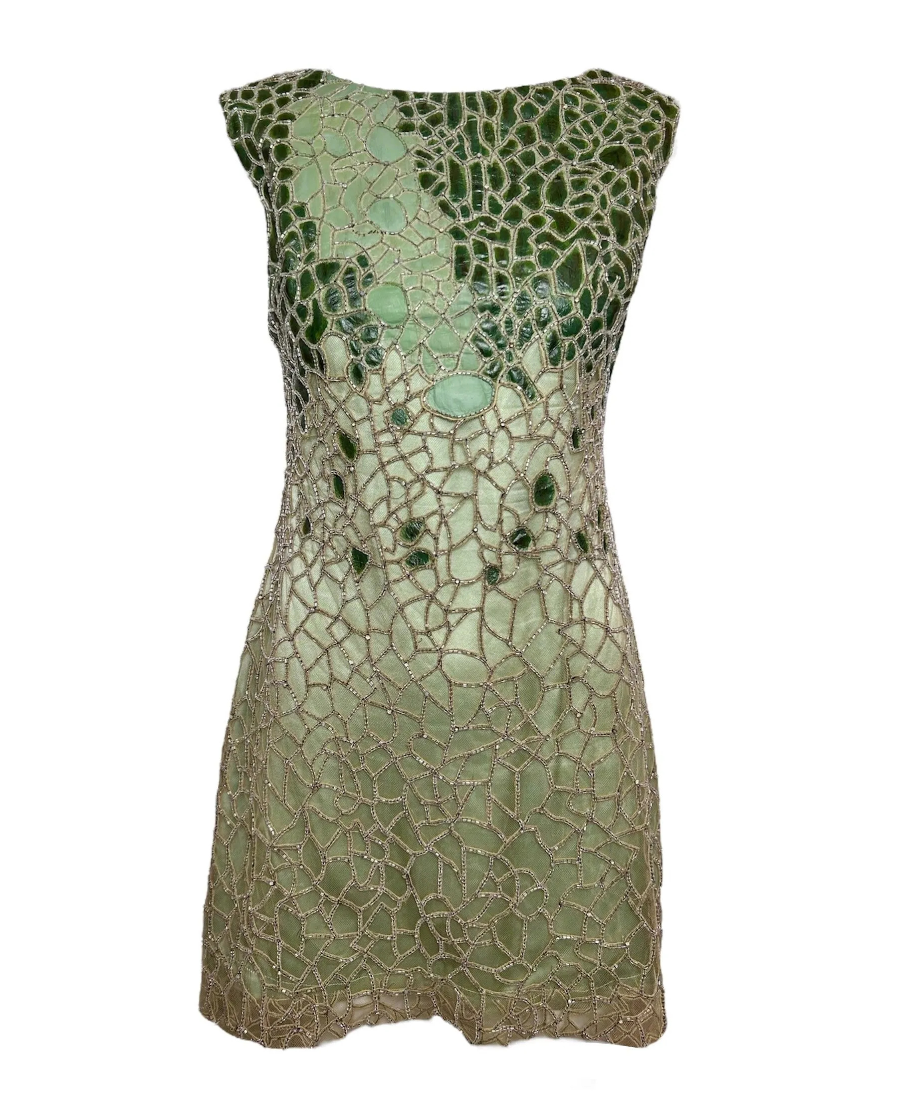 Lorena Sarbu Green Leather and Silk Beaded Mini Dress