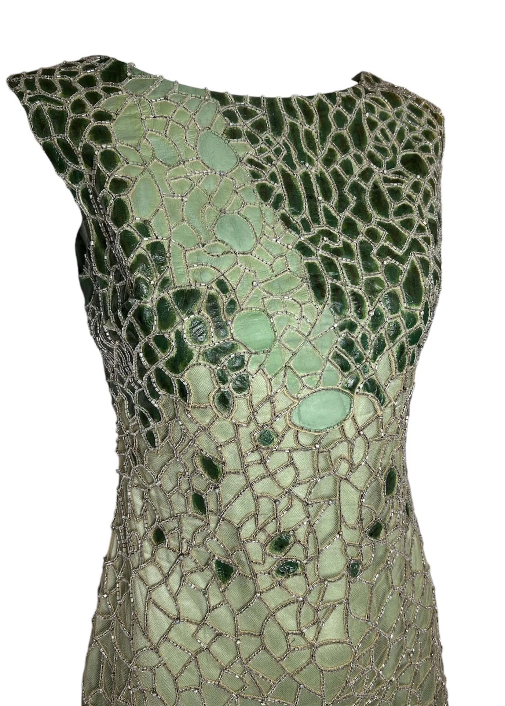 Lorena Sarbu Green Leather and Silk Beaded Mini Dress