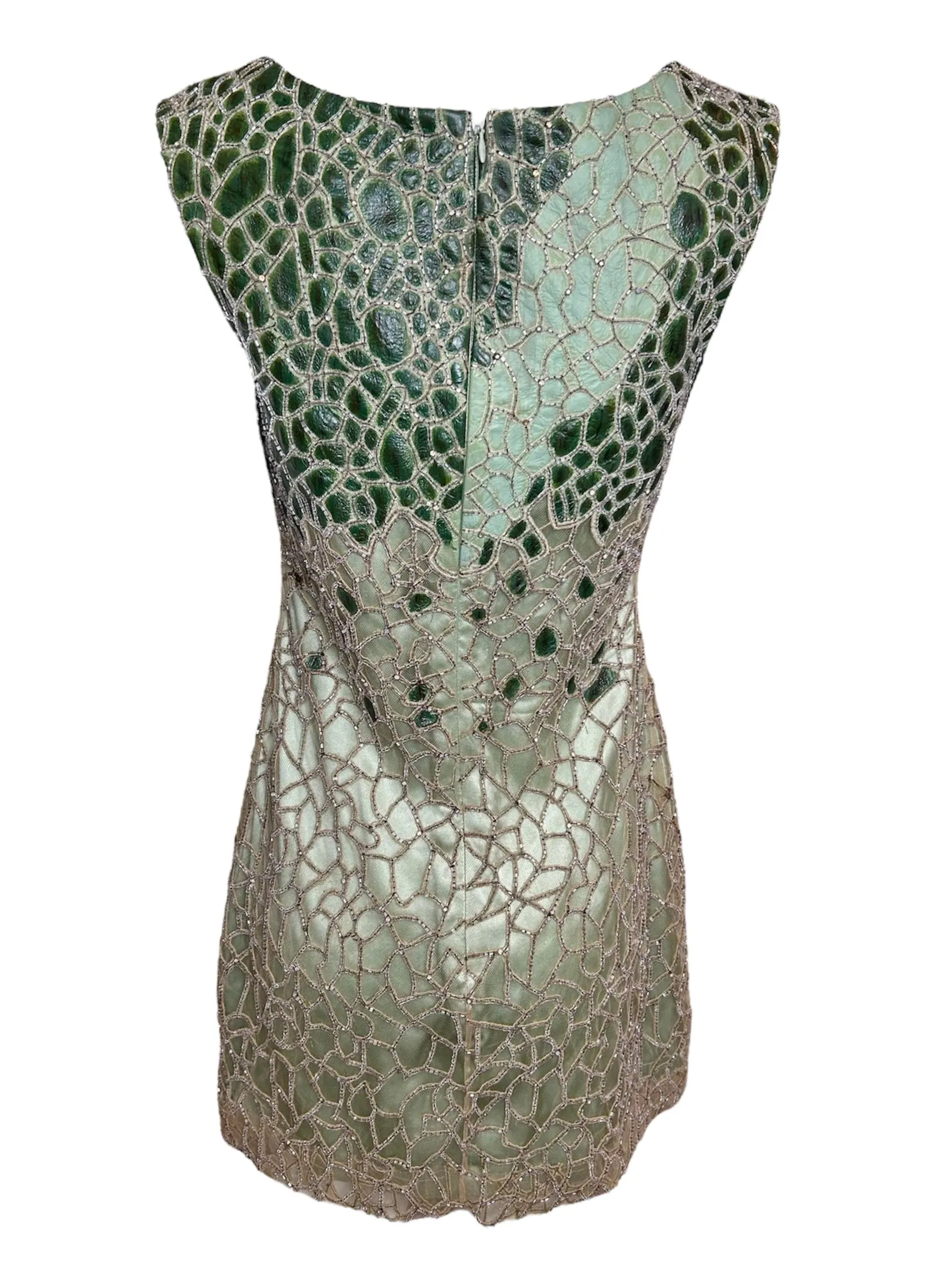 Lorena Sarbu Green Leather and Silk Beaded Mini Dress