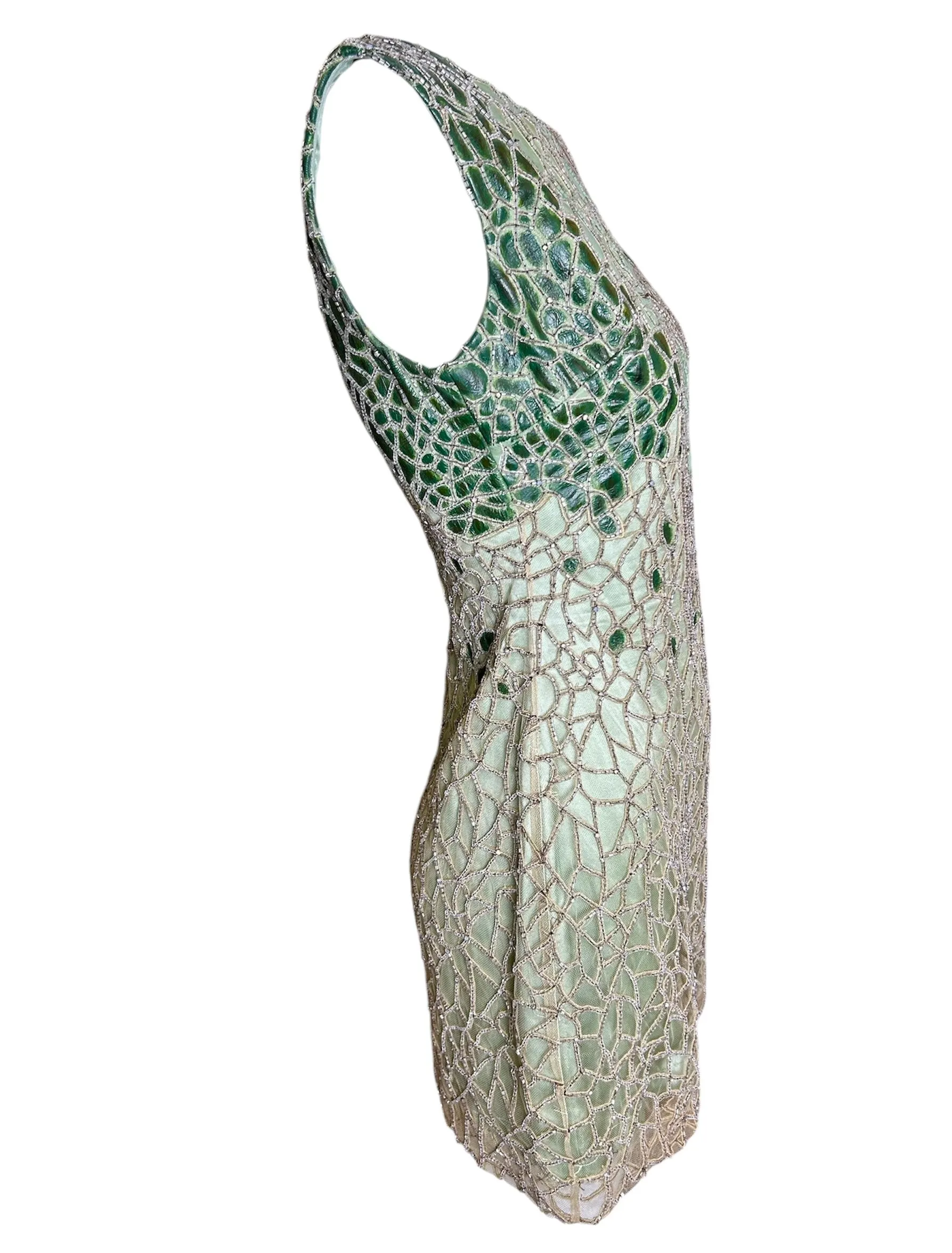 Lorena Sarbu Green Leather and Silk Beaded Mini Dress