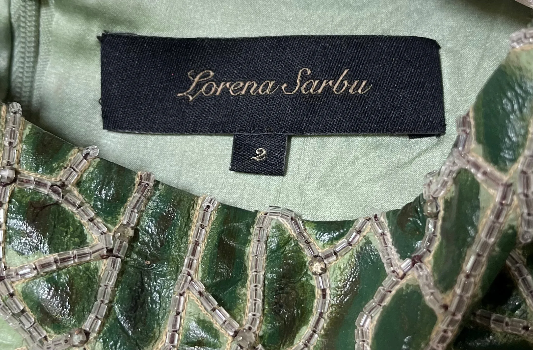 Lorena Sarbu Green Leather and Silk Beaded Mini Dress