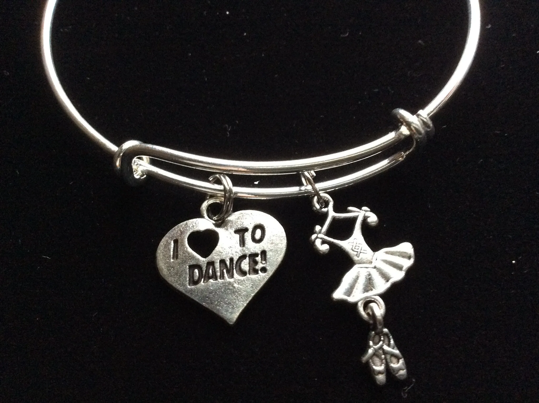 Love to Dance Silver Adjustable Expandable Wire Bangle Charm Bracelet Ballet Teacher Gift