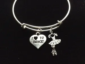 Love to Dance Silver Adjustable Expandable Wire Bangle Charm Bracelet Ballet Teacher Gift