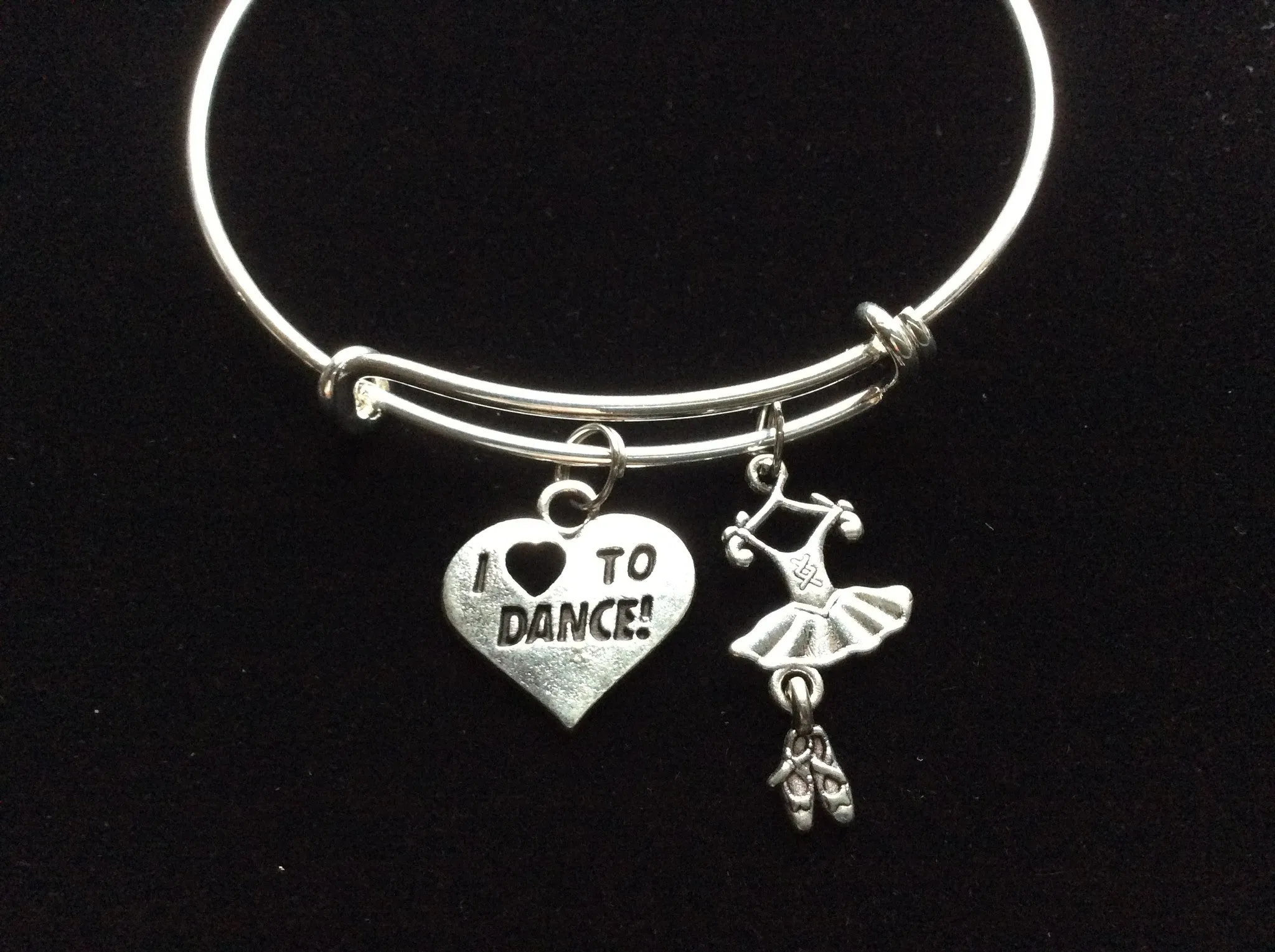 Love to Dance Silver Adjustable Expandable Wire Bangle Charm Bracelet Ballet Teacher Gift