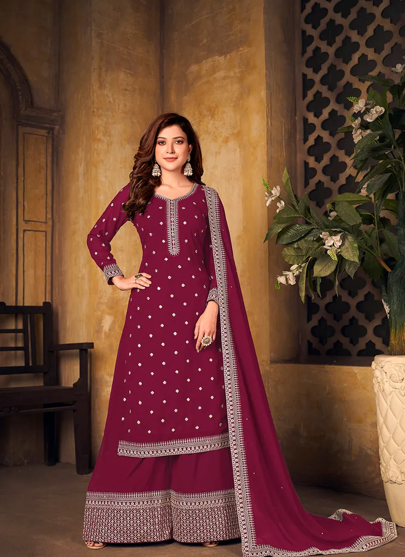Magenta Embroidered Designer Palazzo Suit