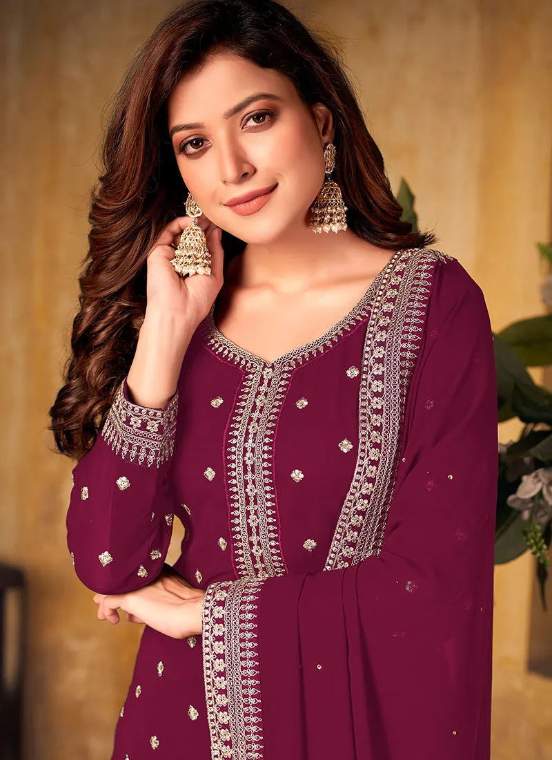 Magenta Embroidered Designer Palazzo Suit