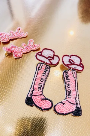 Maid of Honor Beaded Cowboy Boot Earrings - Pink