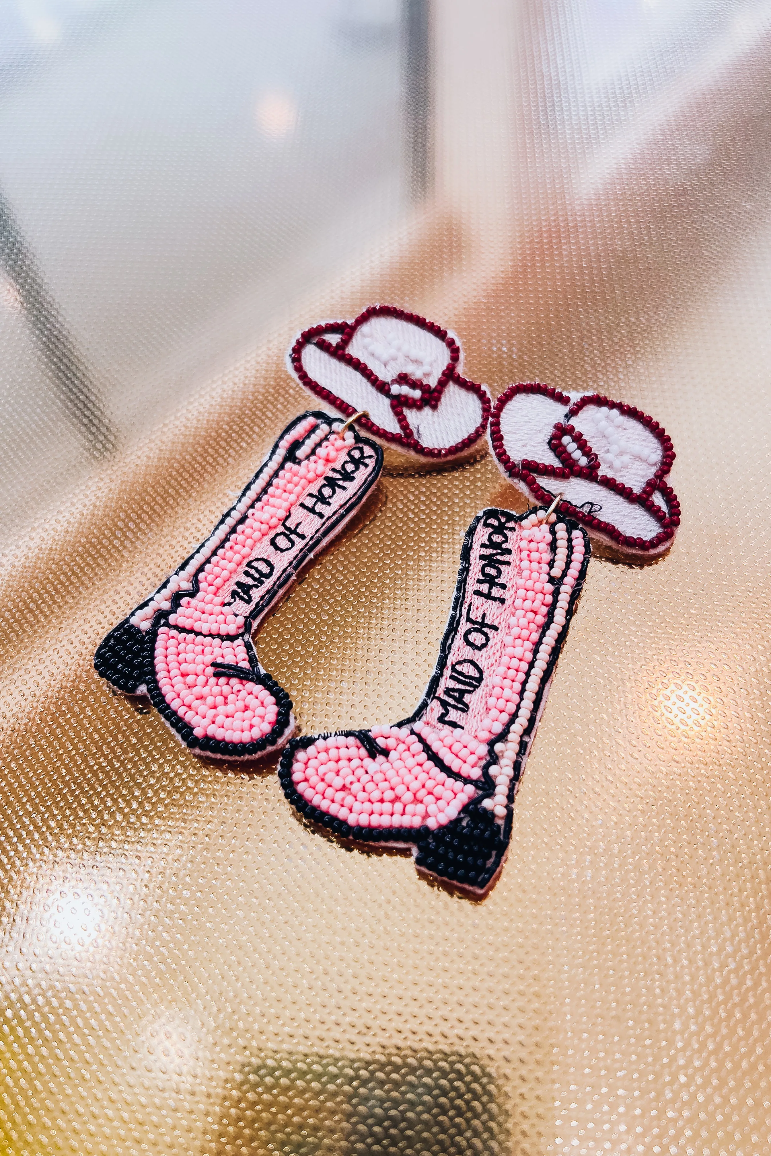 Maid of Honor Beaded Cowboy Boot Earrings - Pink