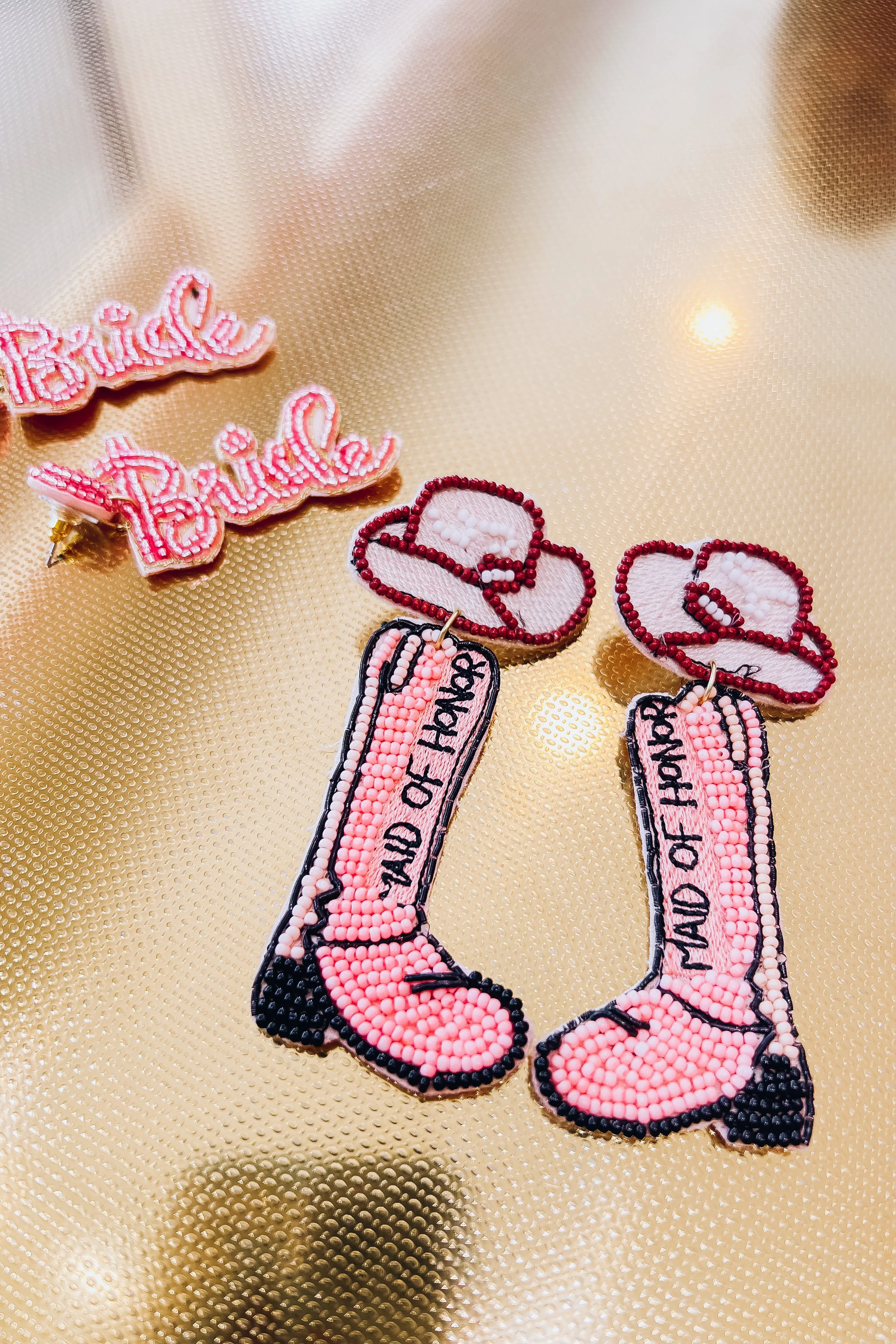 Maid of Honor Beaded Cowboy Boot Earrings - Pink