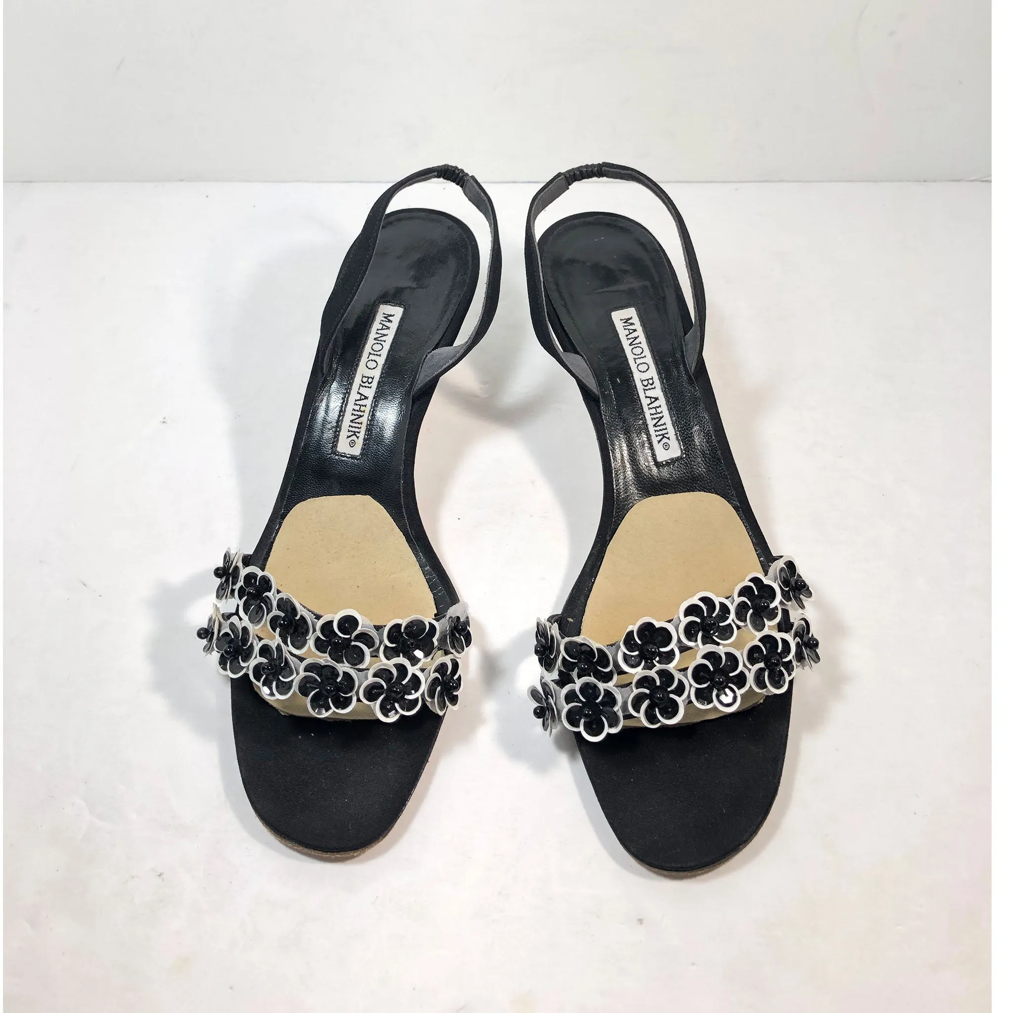 MANOLO BLAHNIK Black & White Slingback Heels Size 38 1/2