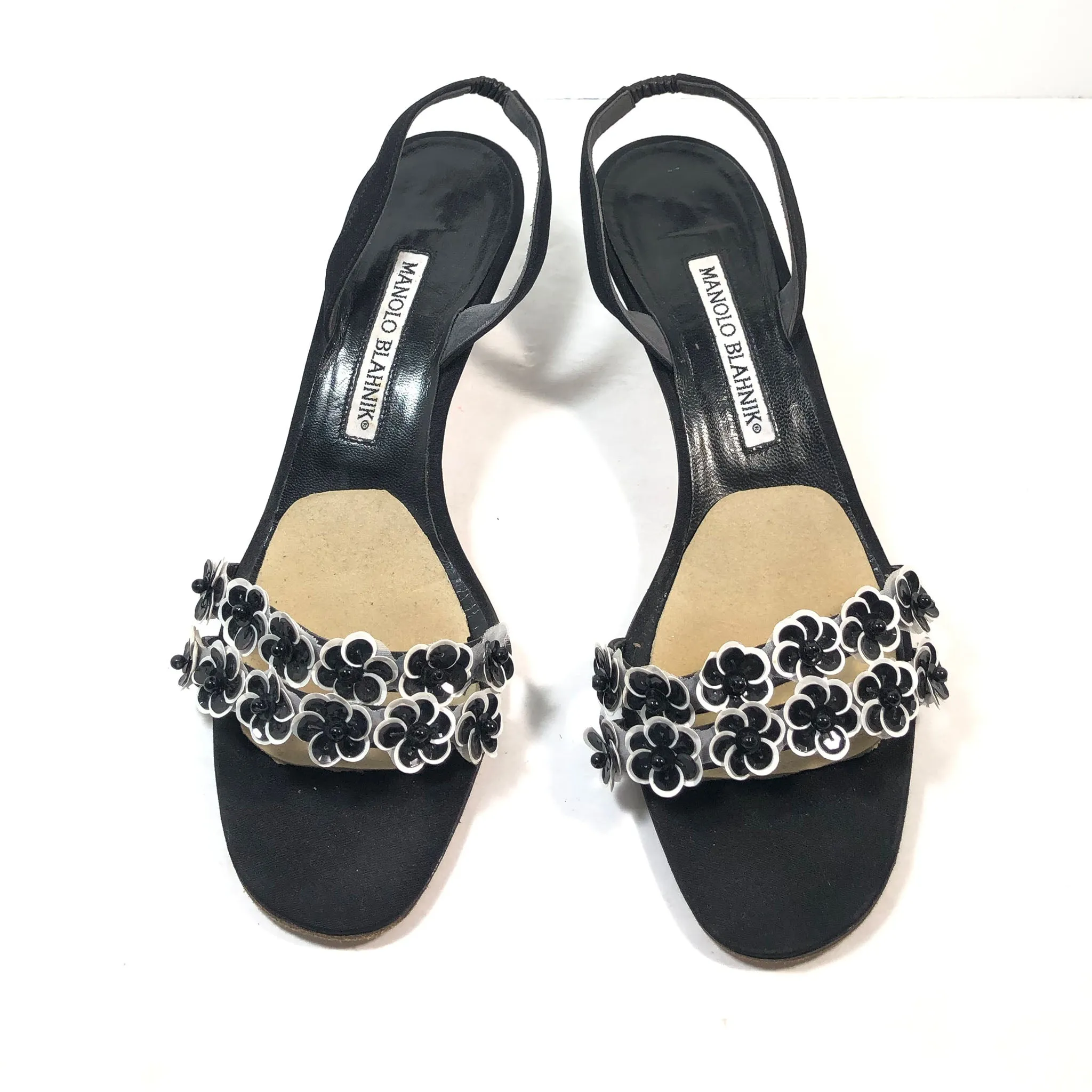 MANOLO BLAHNIK Black & White Slingback Heels Size 38 1/2