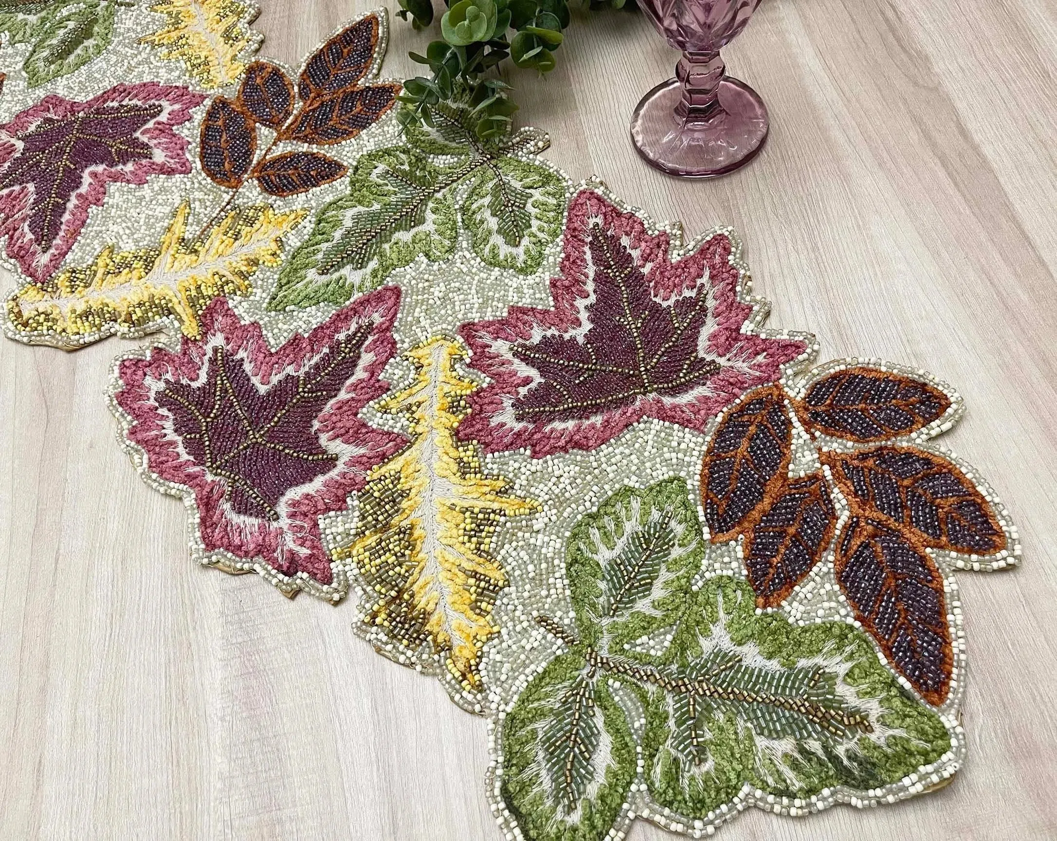 Maple Leaf Embroidered Beaded Table Runner