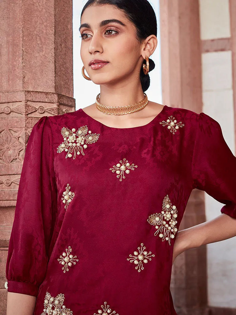 Maroon Self Weave Embroidered Co-ord Set