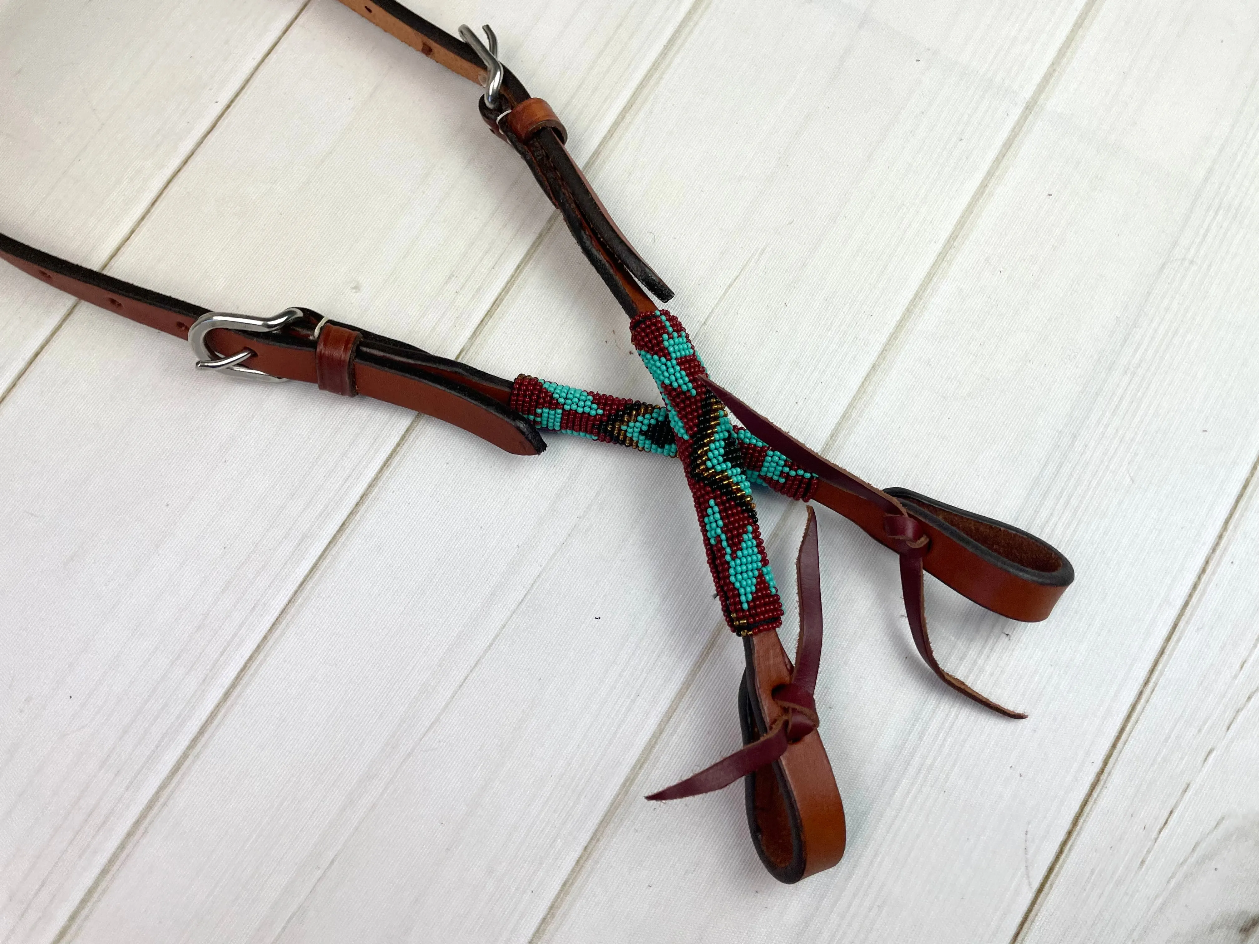 Maroon Turquoise Beaded One Ear Leather Headstall