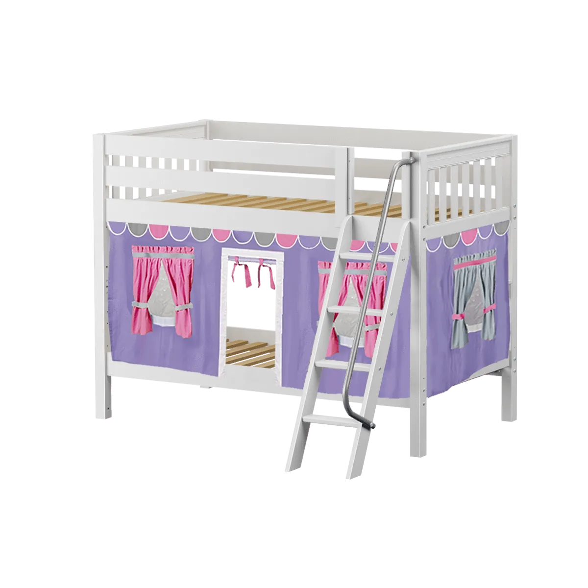 Maxtrix Twin Low Bunk Bed with Angled Ladder   Curtain