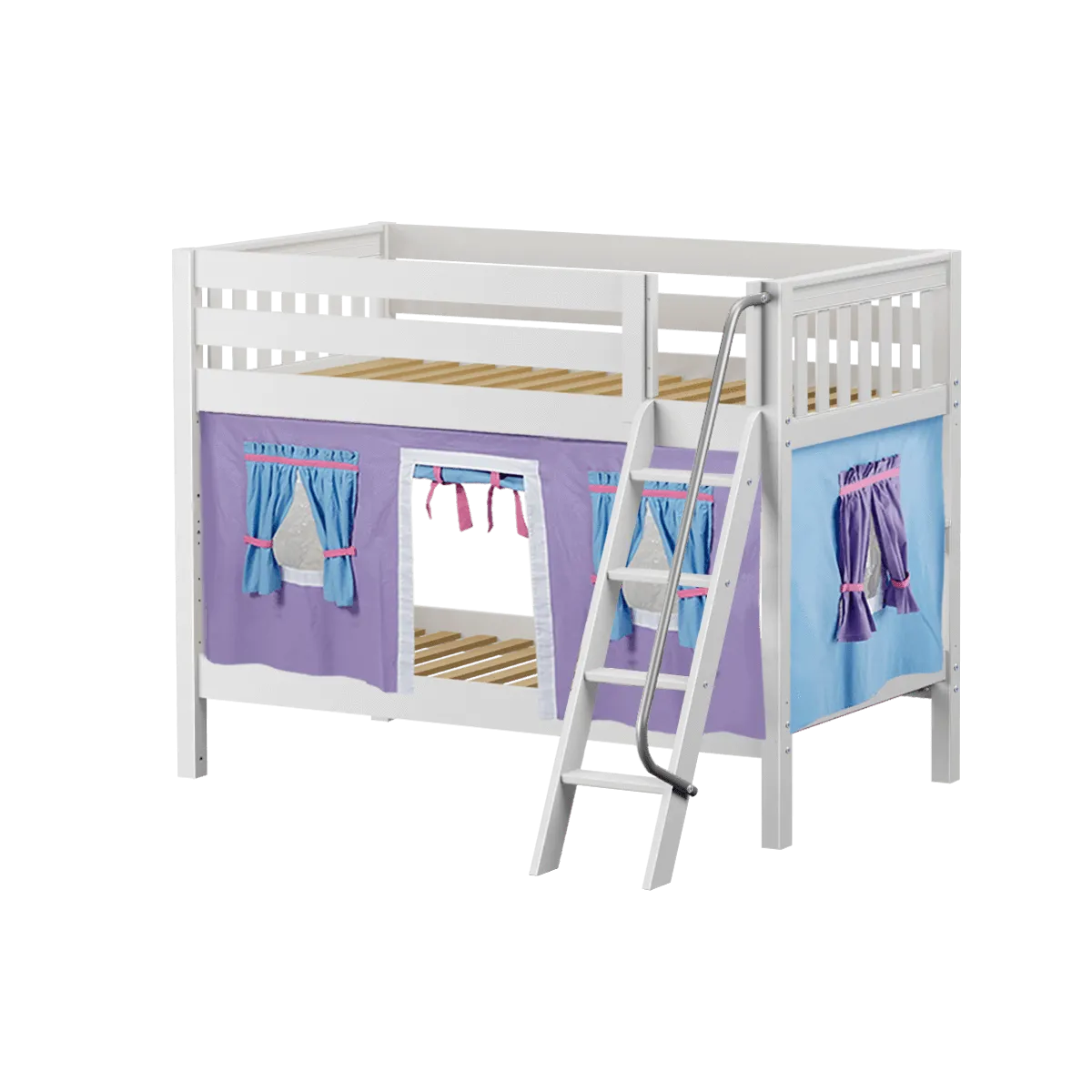 Maxtrix Twin Low Bunk Bed with Angled Ladder   Curtain