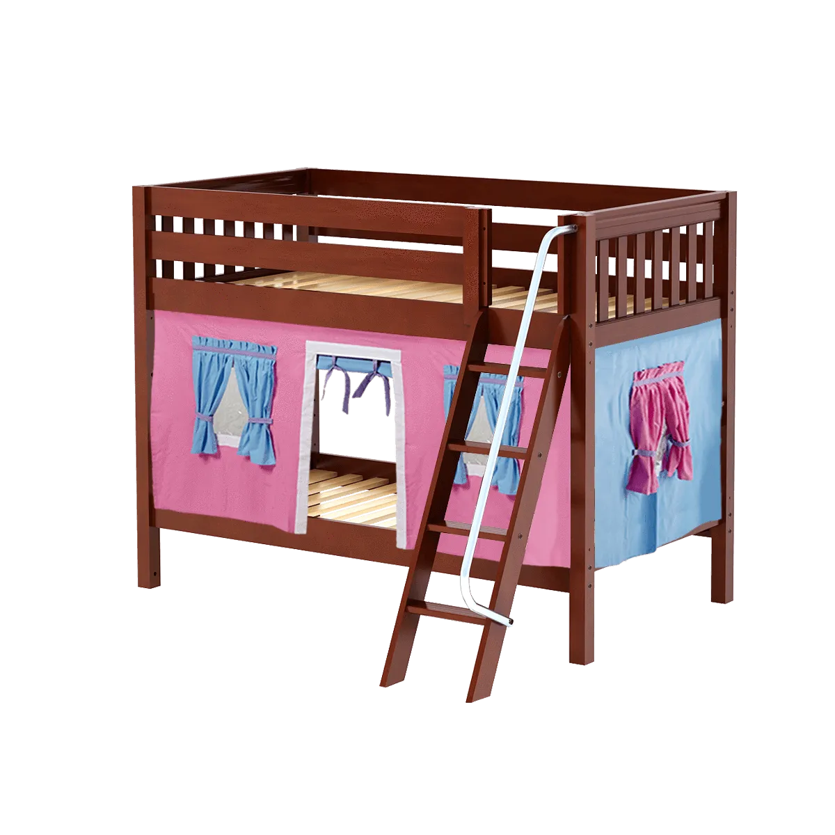 Maxtrix Twin Low Bunk Bed with Angled Ladder   Curtain