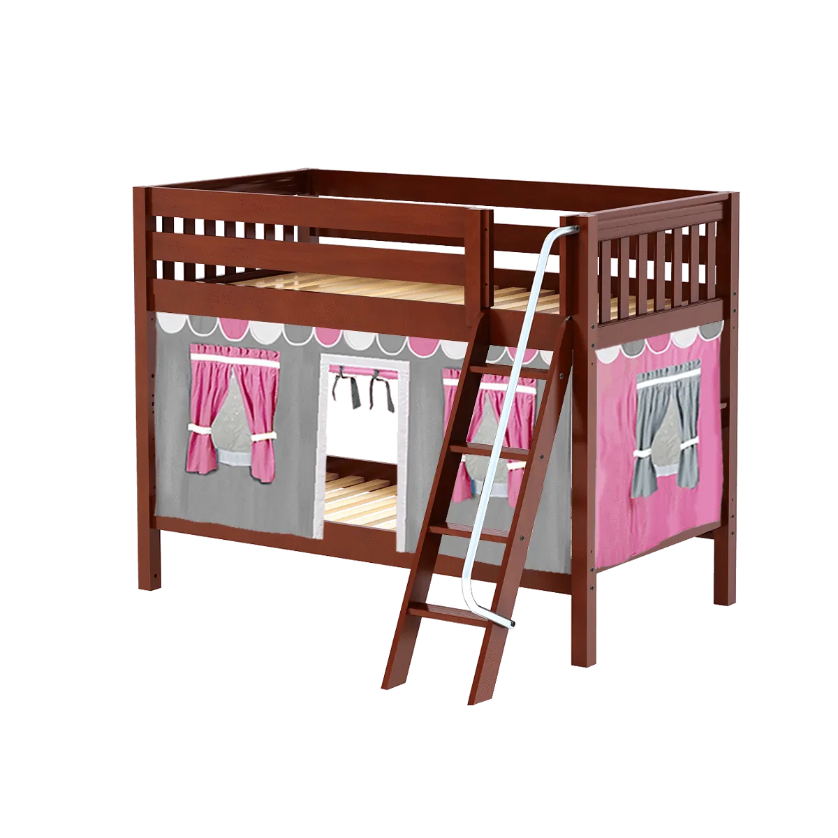 Maxtrix Twin Low Bunk Bed with Angled Ladder   Curtain