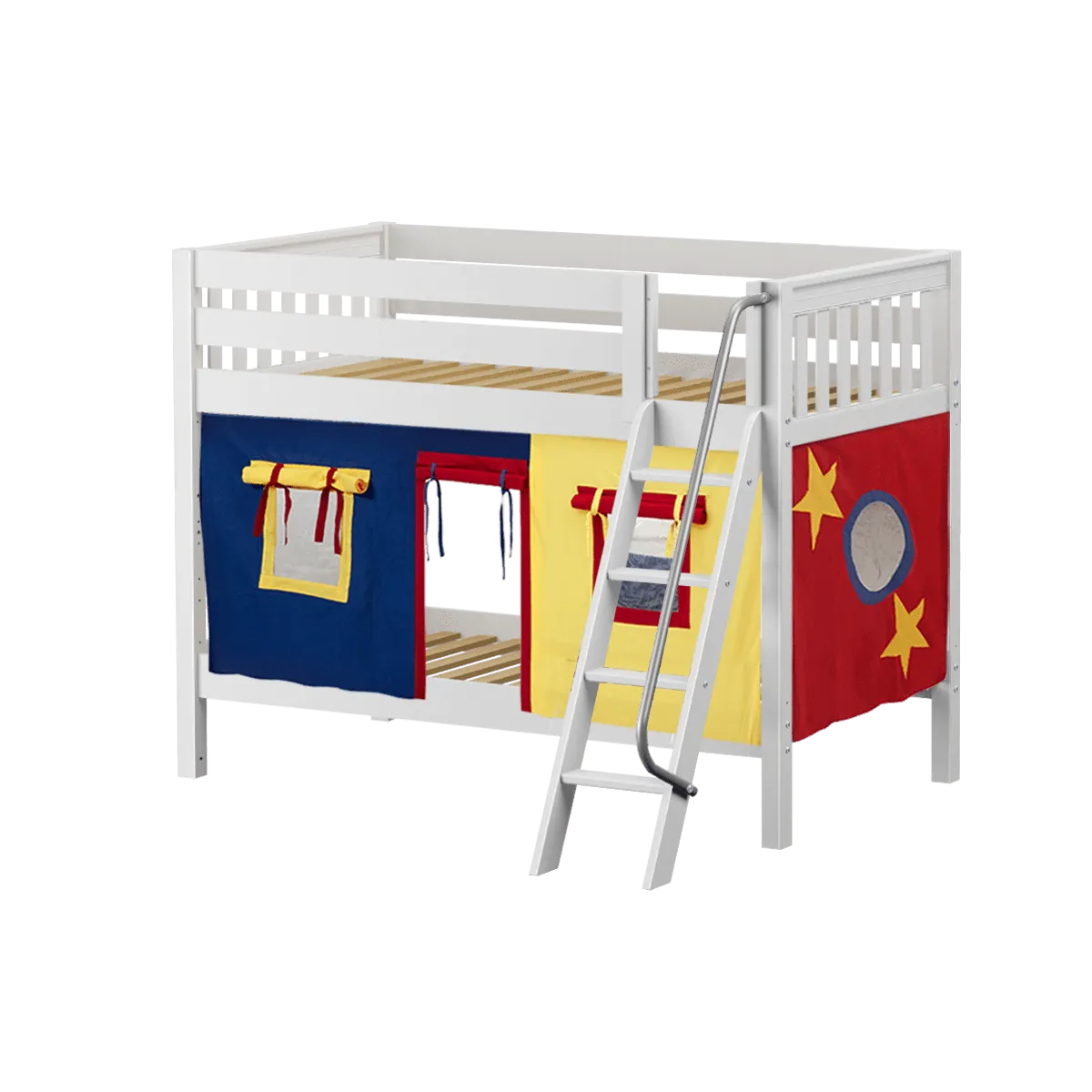 Maxtrix Twin Low Bunk Bed with Angled Ladder   Curtain