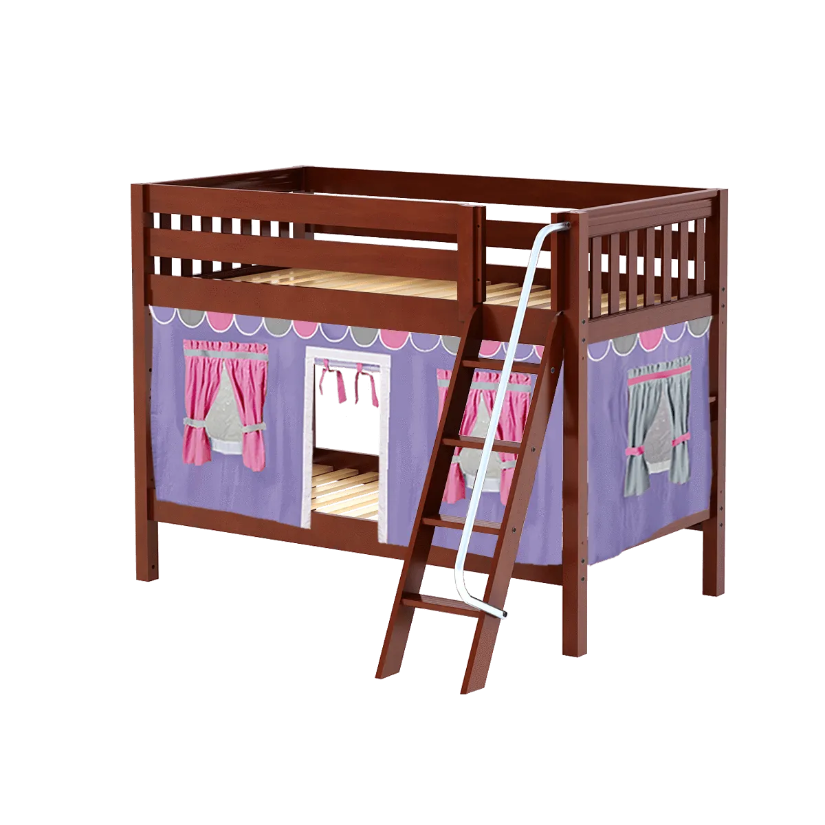 Maxtrix Twin Low Bunk Bed with Angled Ladder   Curtain