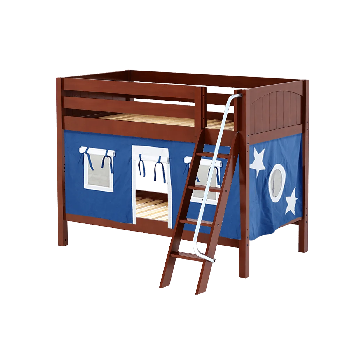 Maxtrix Twin Low Bunk Bed with Angled Ladder   Curtain